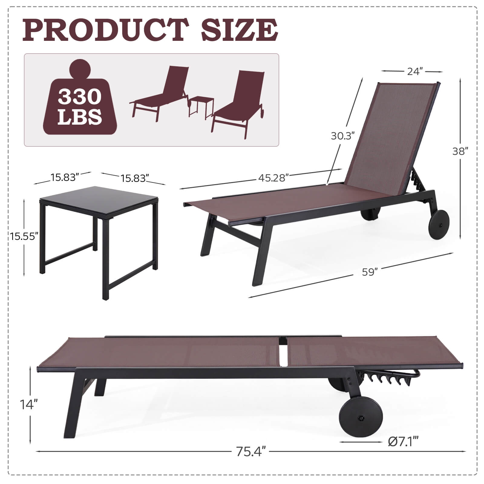 HOMREST 23 Inches Patio Chaise Lounge Chair Set of 2 with Table, Adjustable Backrest & Wheels, Brown