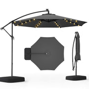 Homrest 10ft Solar Lighted Patio Umbrella with Base, Outdoor Cantilever Umbrella, Infinite Tilt,Grey