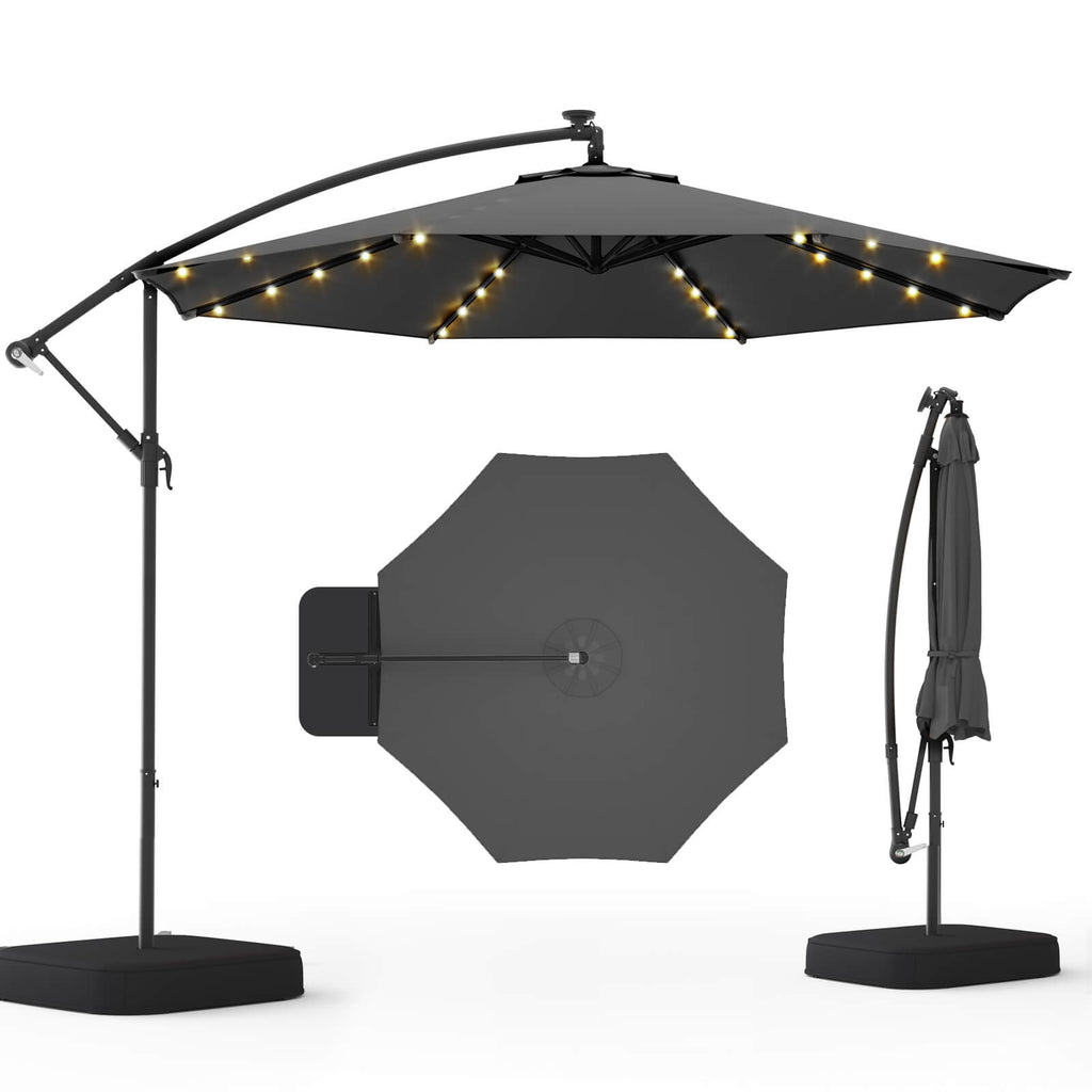 Homrest 10ft Solar Lighted Patio Umbrella with Base, Outdoor Cantilever Umbrella, Infinite Tilt,Grey