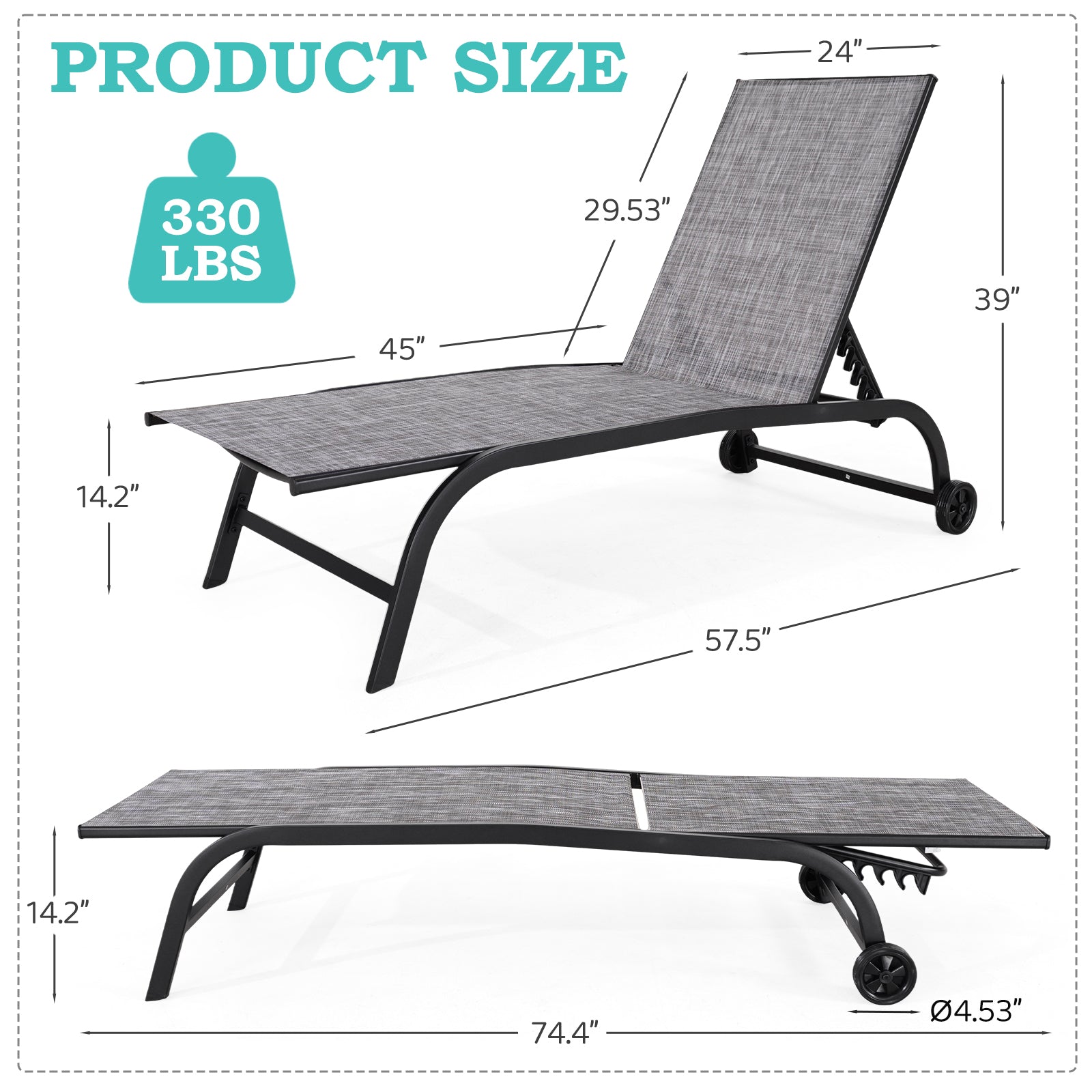 HOMREST  Oversized 26" W Patio Chaise Lounge Chair Set of 2 with Table, Adjustable Backrest & Wheels, Grey