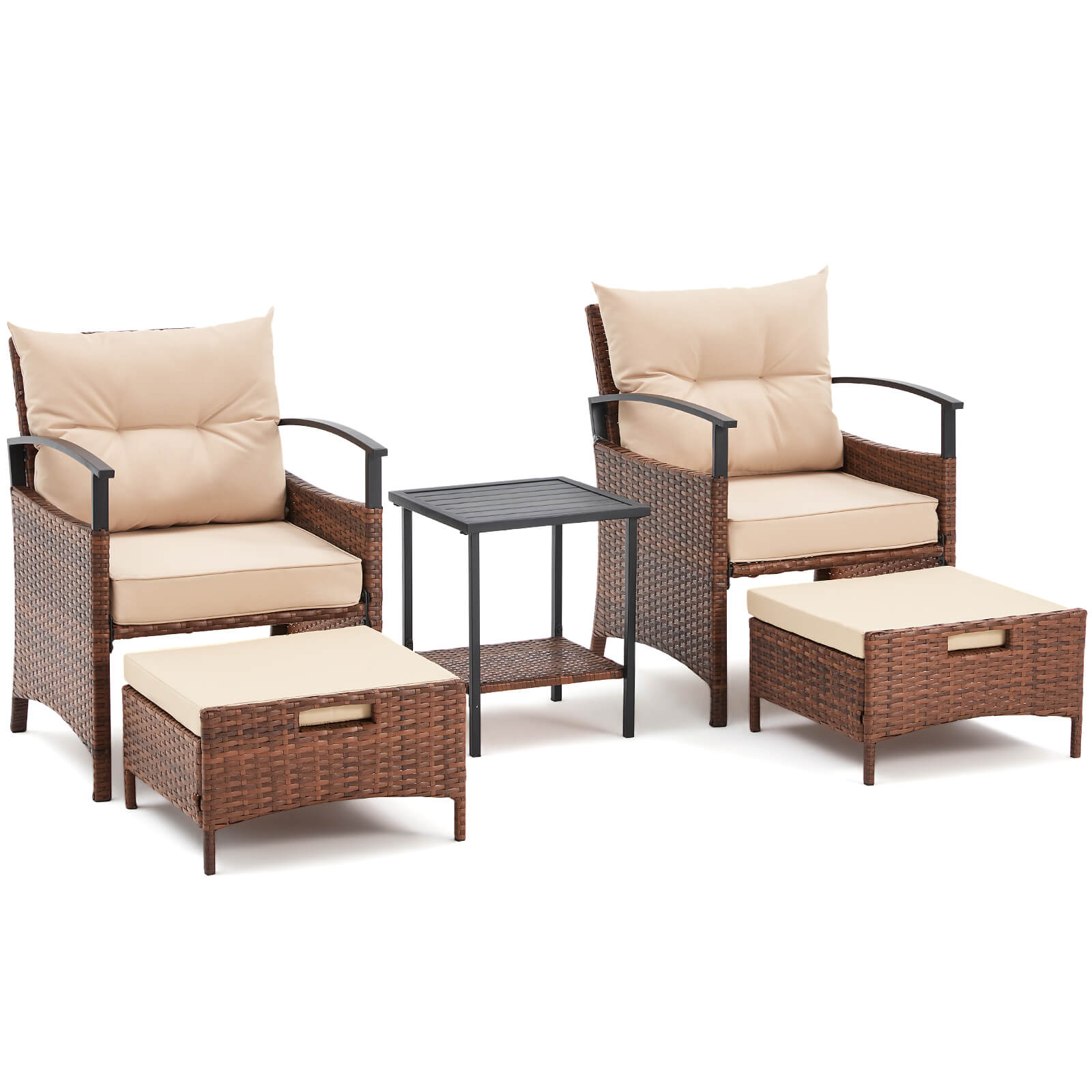 HOMREST 5 Pieces Patio Furniture Set, Outdoor Rattan Chairs with Metal Coffee Table, Ottomans & Soft Cushions, Wicker Conversation Bistro Set, Beige