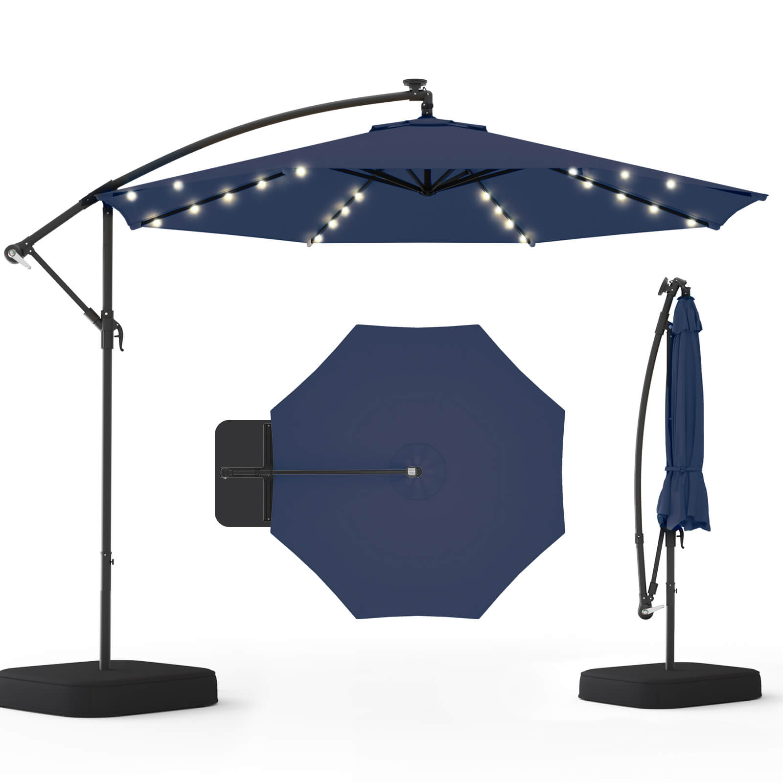 Homrest 10ft Solar Lighted Patio Umbrella with Base, Outdoor Cantilever Umbrella, Infinite Tilt, Navy Blue