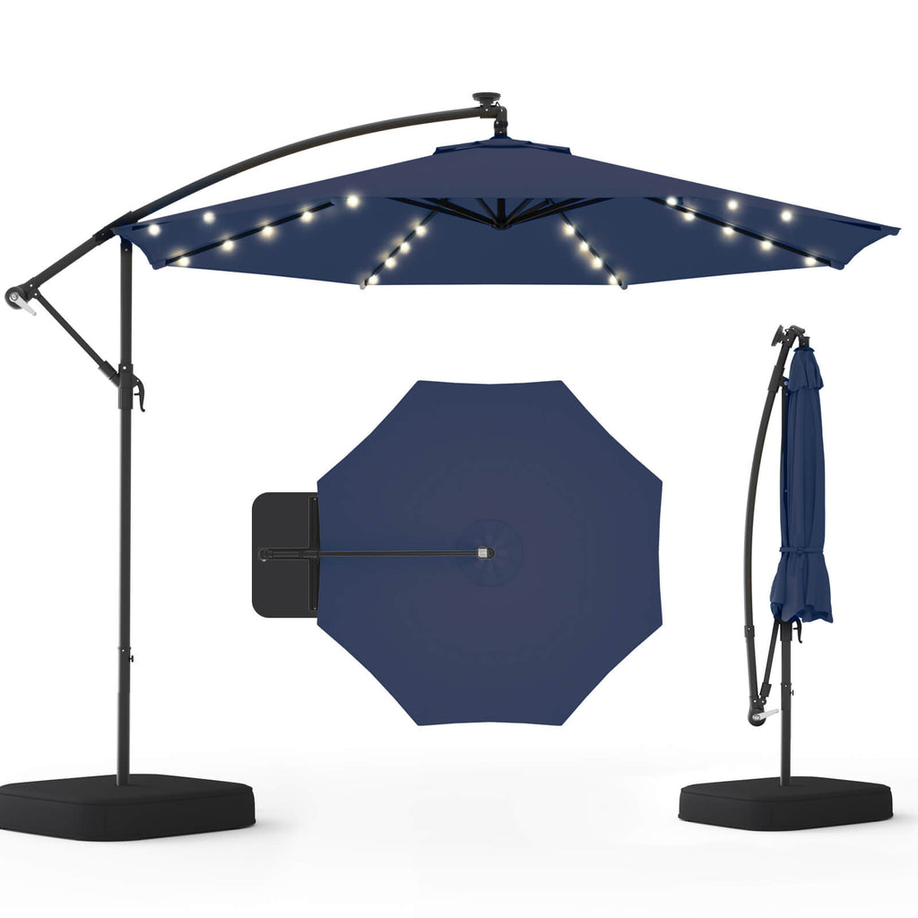 Homrest 10ft Solar Lighted Patio Umbrella with Base, Outdoor Cantilever Umbrella, Infinite Tilt, Navy Blue