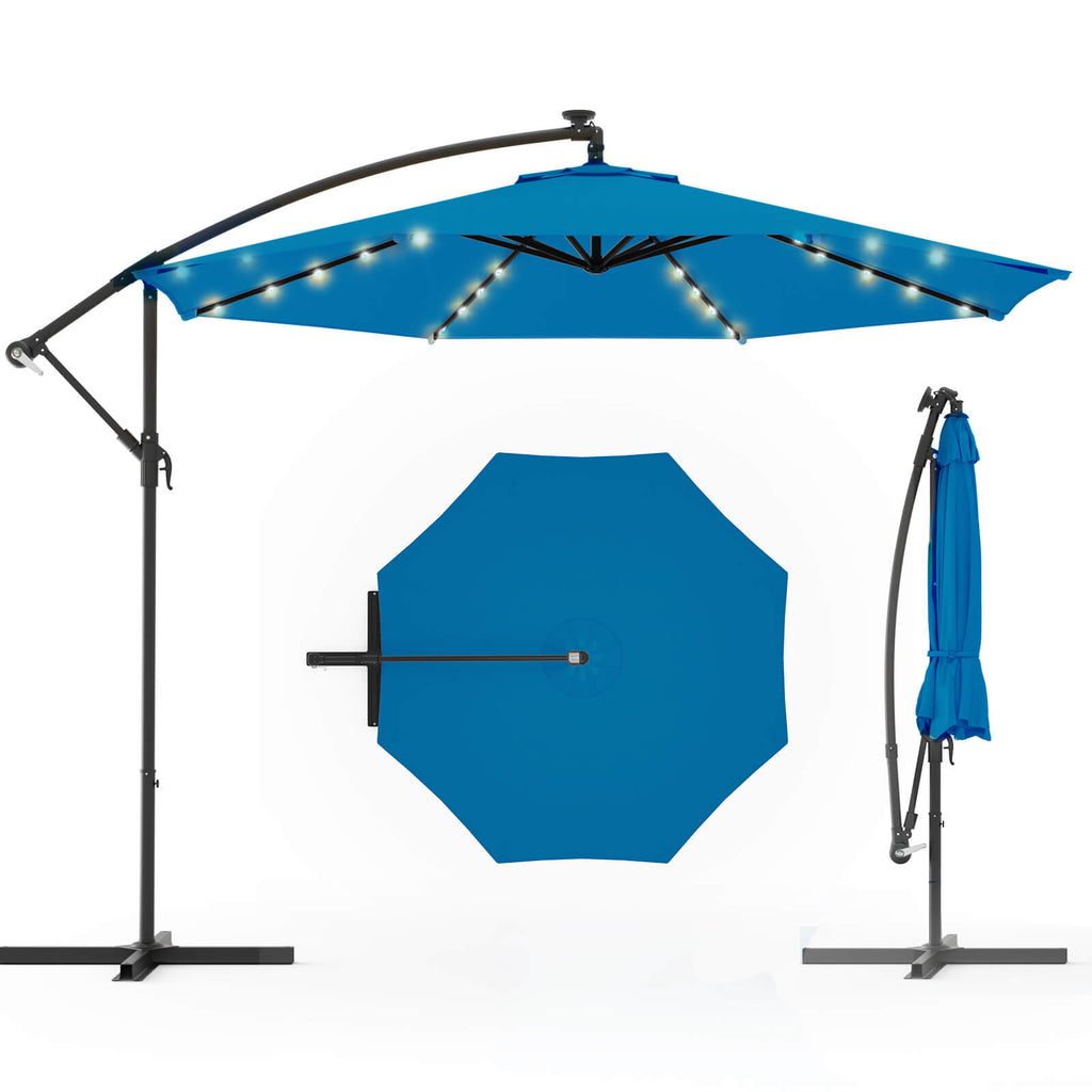 Homrest 10ft Solar Lighted Patio Umbrella, Infinite Tilt, Crank and Cross Base, Rolay Blue