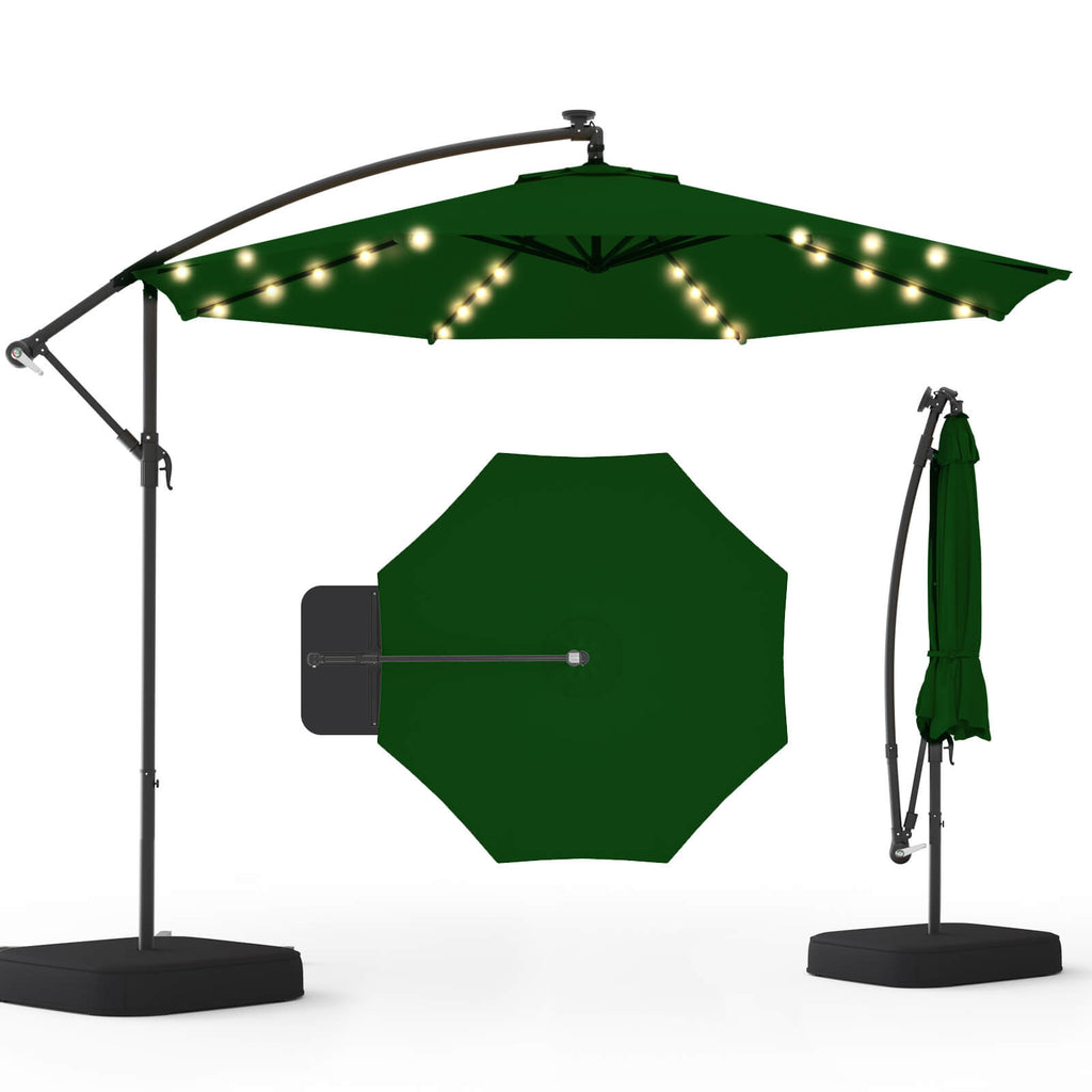 Homrest 10ft Solar Lighted Patio Umbrella with Base, Outdoor Cantilever Umbrella, Infinite Tilt, Green