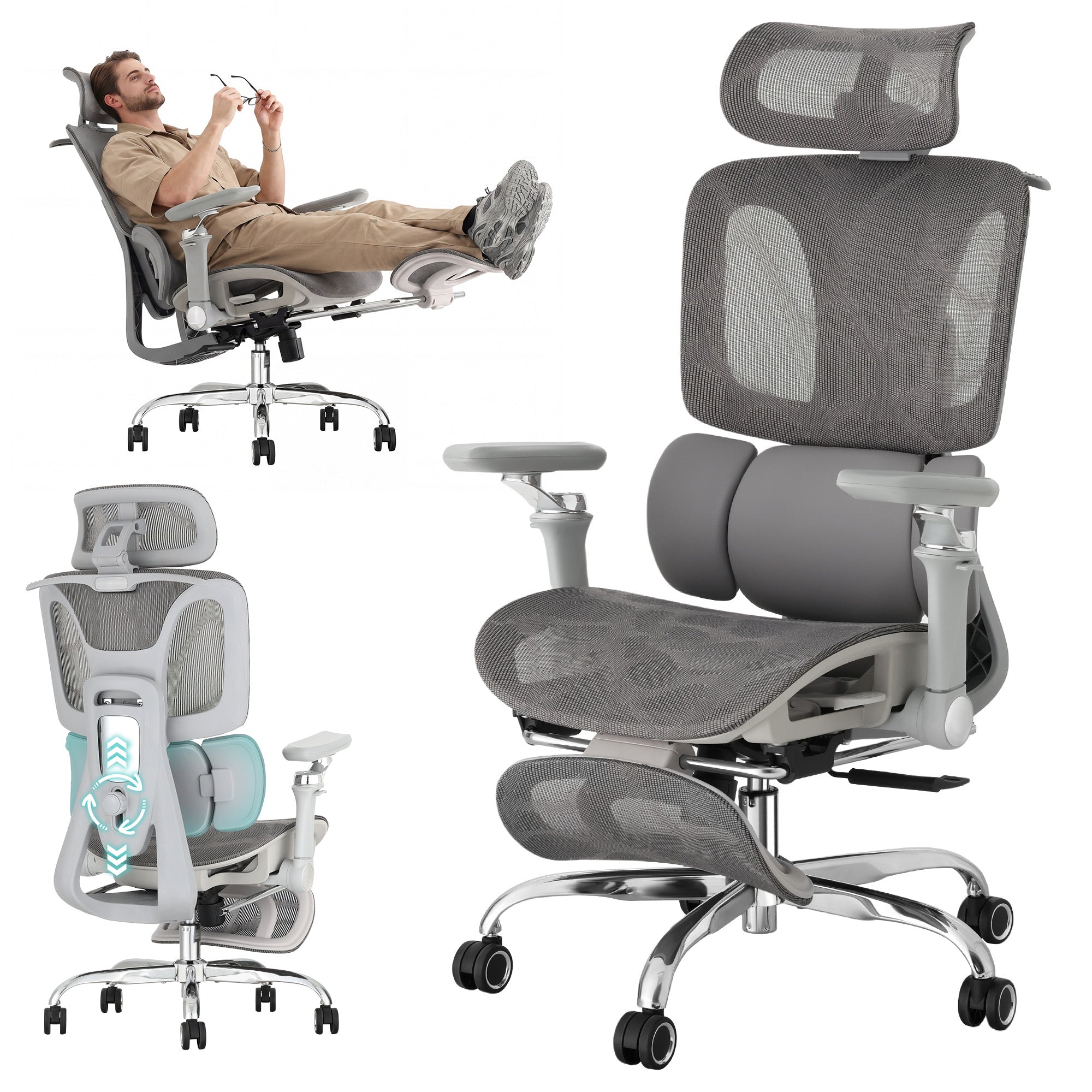 HOMREST Ergonomic Office Chair with 3-Zone Dynamic Lumbar Support, Big and Tall Mesh Office Chair with Footrest, Adjustable Seat Depth,4D Headrest,6D Armrests, Swivel Executive Chair for Home Office, Grey