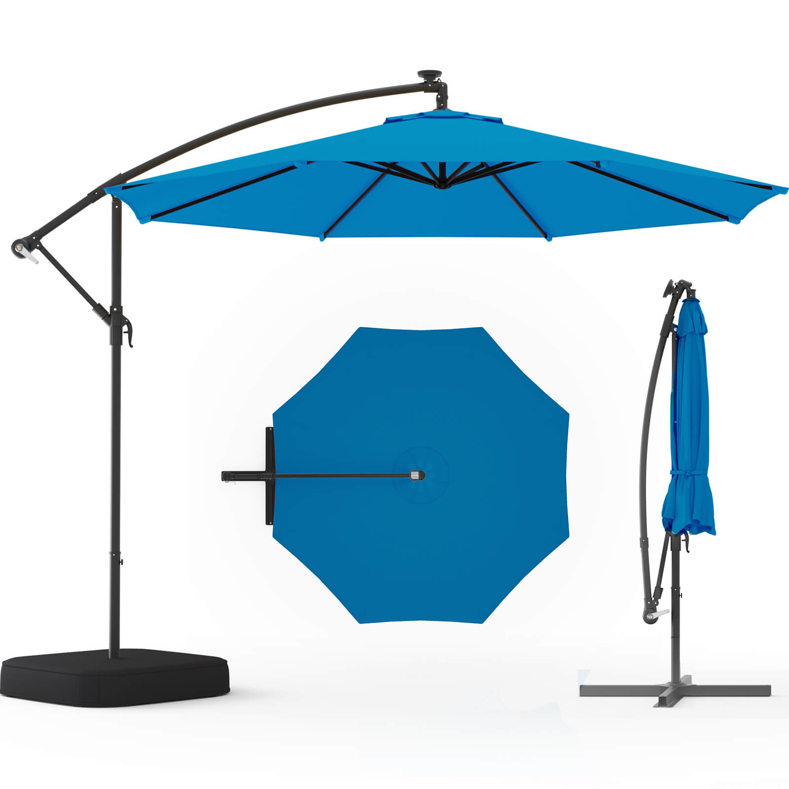Homrest 10ft Patio Umbrella with Base, Outdoor Offset Cantilever Umbrella, Infinite Tilt, Rolay Blue