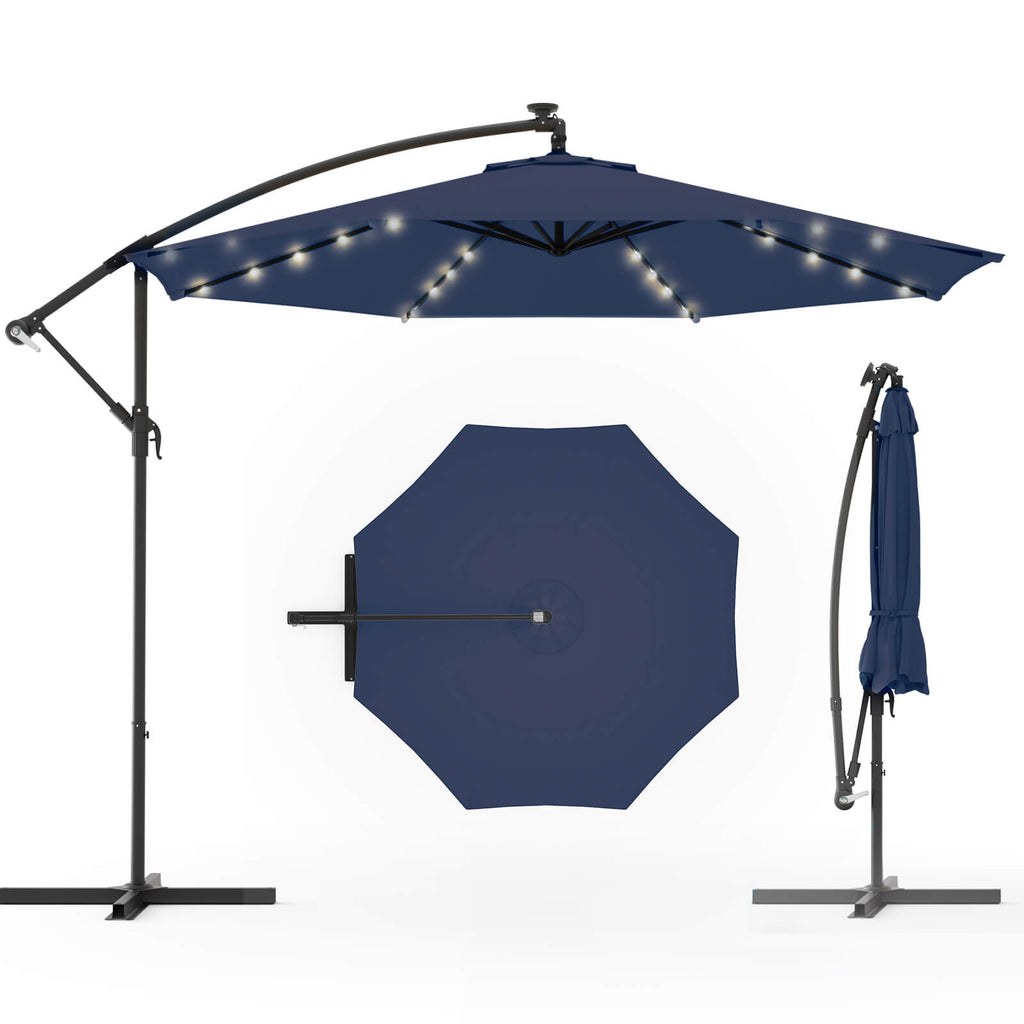 Homrest 10ft Solar Lighted Patio Umbrella, Infinite Tilt, Crank and Cross Base, Navy Blue