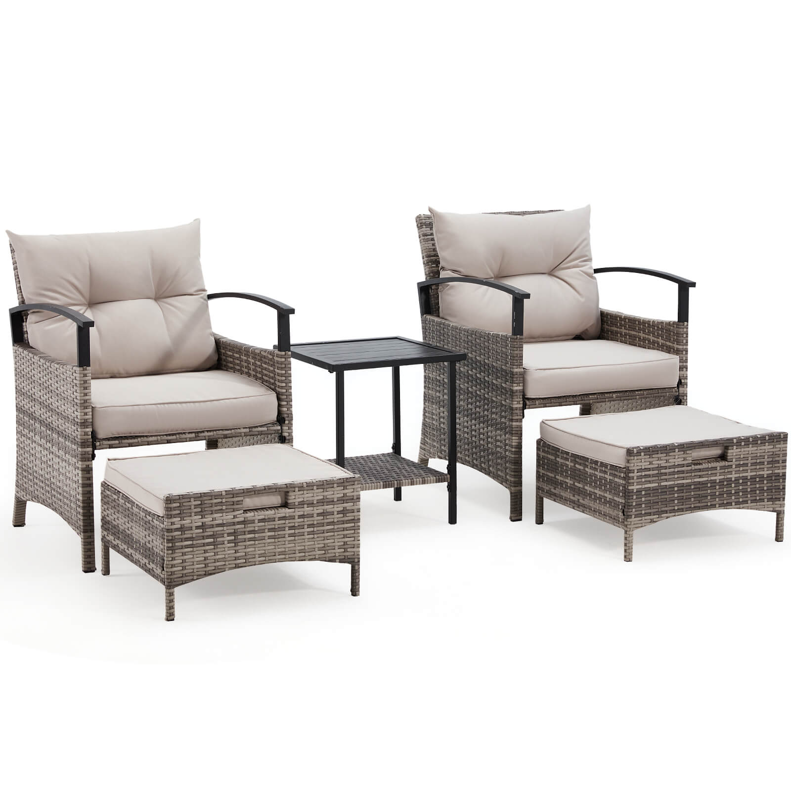 HOMREST 5 Pieces Patio Furniture Set, Outdoor Rattan Chairs with Metal Coffee Table, Ottomans & Soft Cushions, Wicker Conversation Bistro Set, Gray