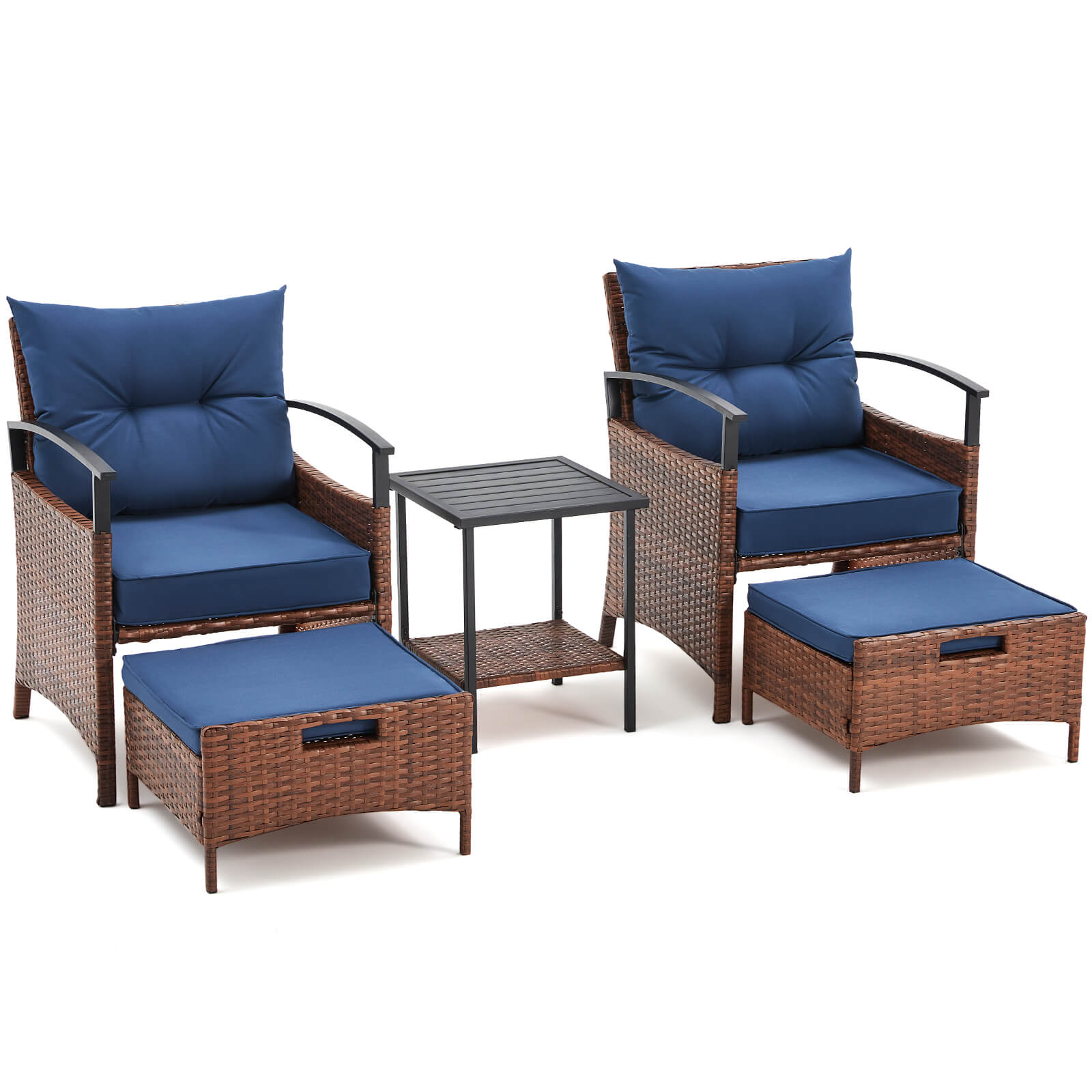 HOMREST 5 Pieces Patio Furniture Set, Outdoor Rattan Chairs with Metal Coffee Table, Ottomans & Soft Cushions, Wicker Conversation Bistro Set, Blue