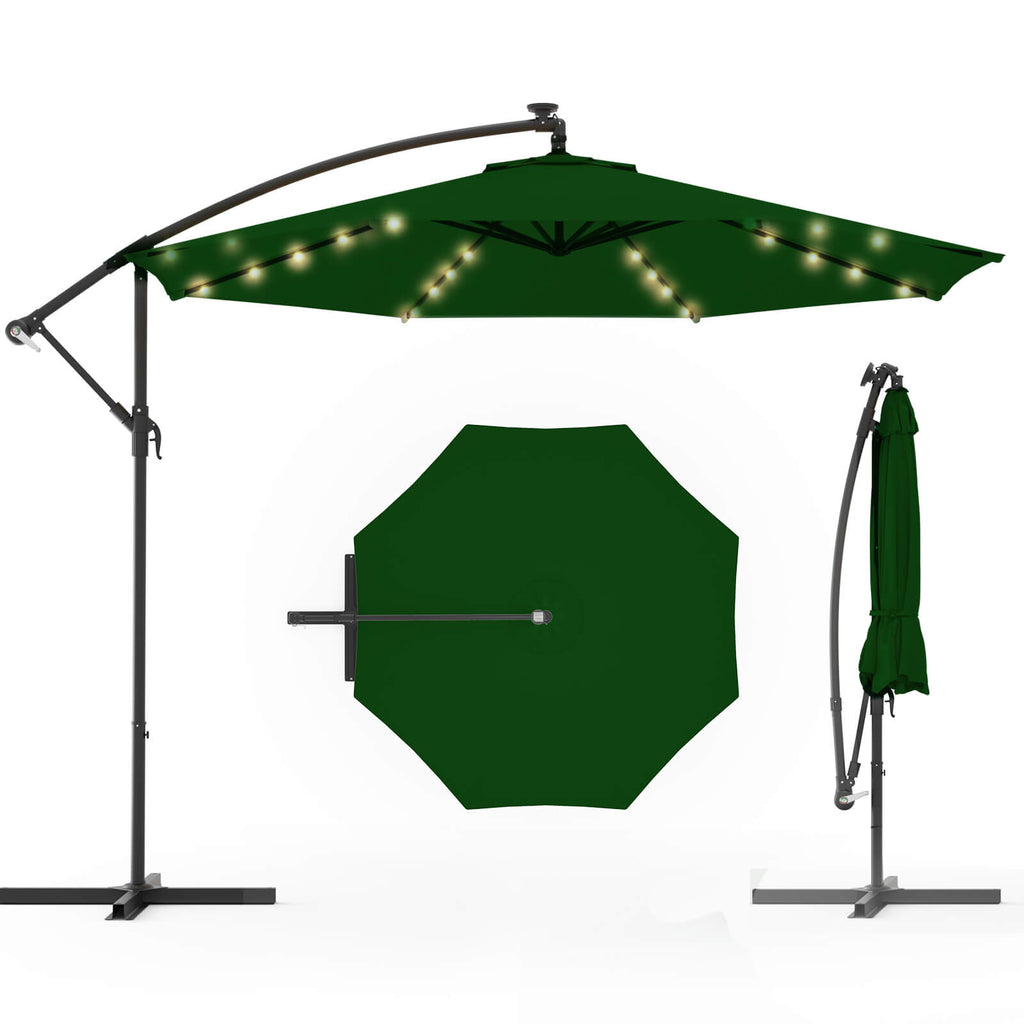 Homrest 10ft Solar Lighted Patio Umbrella, Infinite Tilt, Crank and Cross Base, Green