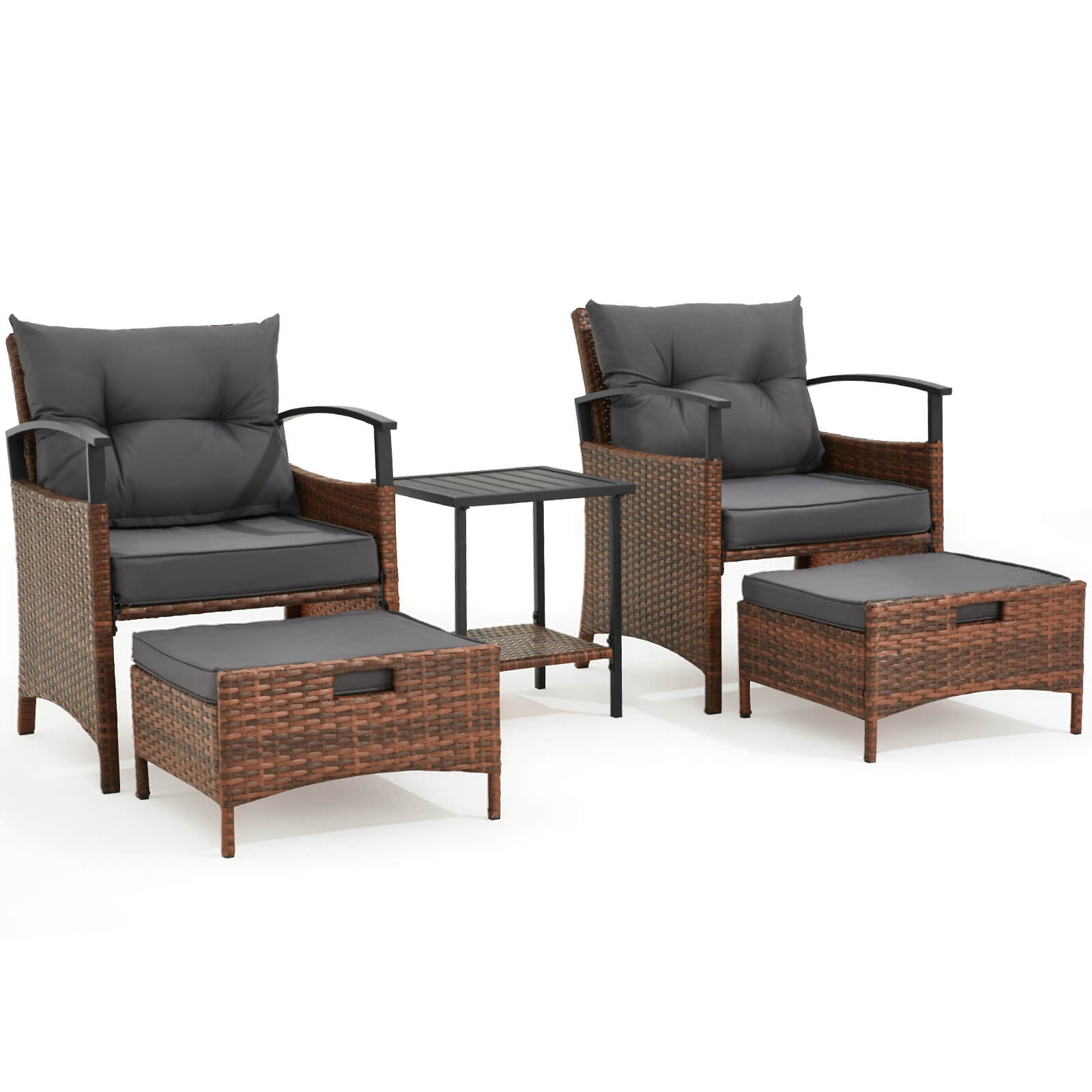 HOMREST 5 Pieces Patio Furniture Set, Outdoor Rattan Chairs with Metal Coffee Table, Ottomans & Soft Cushions, Wicker Conversation Bistro Set, Dark Gray