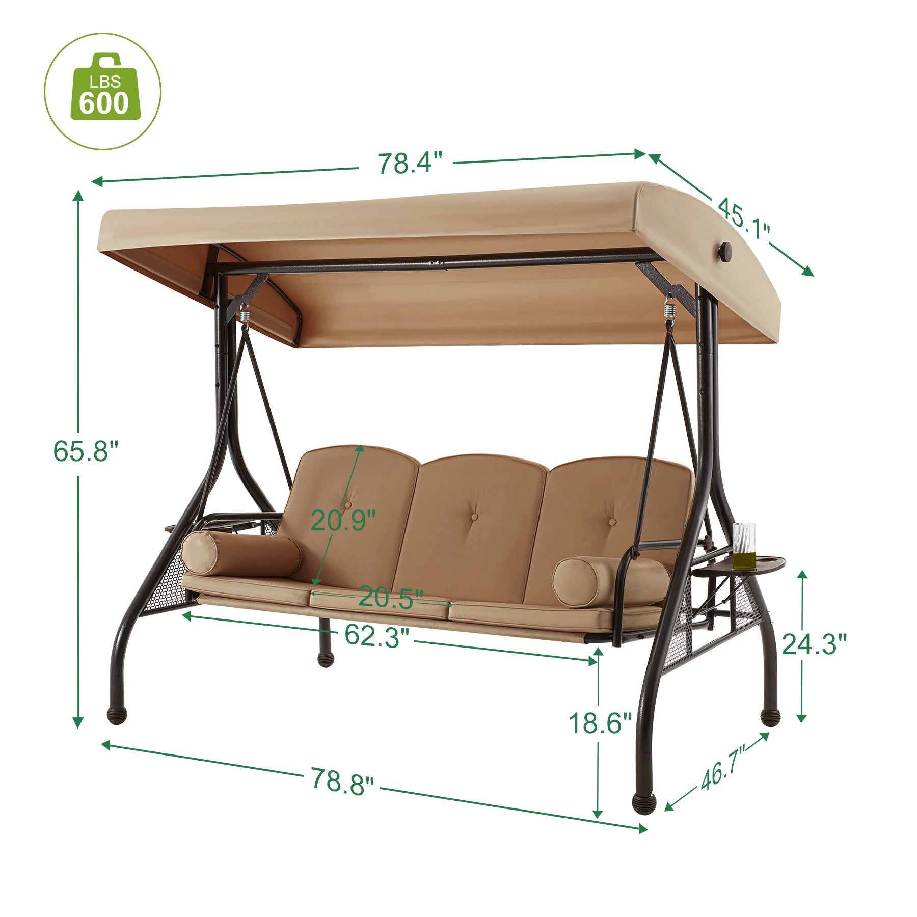 Product Dimensions of Homrest 3-Seat Outdoor Porch Swing with Adjustable Canopy and Backrest, Brown 