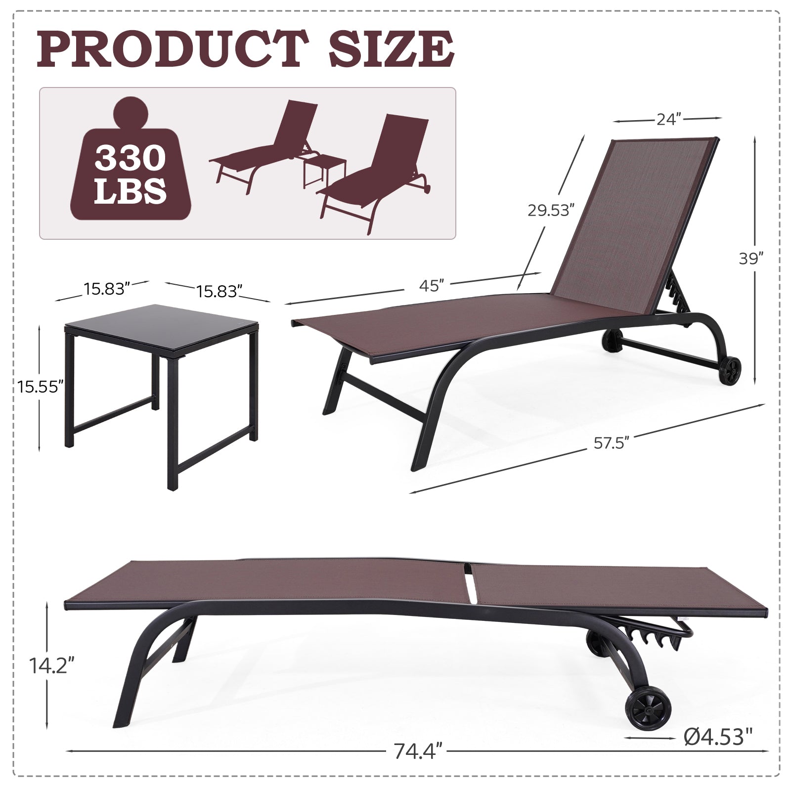 HOMREST  Oversized 26" W Patio Chaise Lounge Chair Set of 2 with Table, Adjustable Backrest & Wheels, Brown