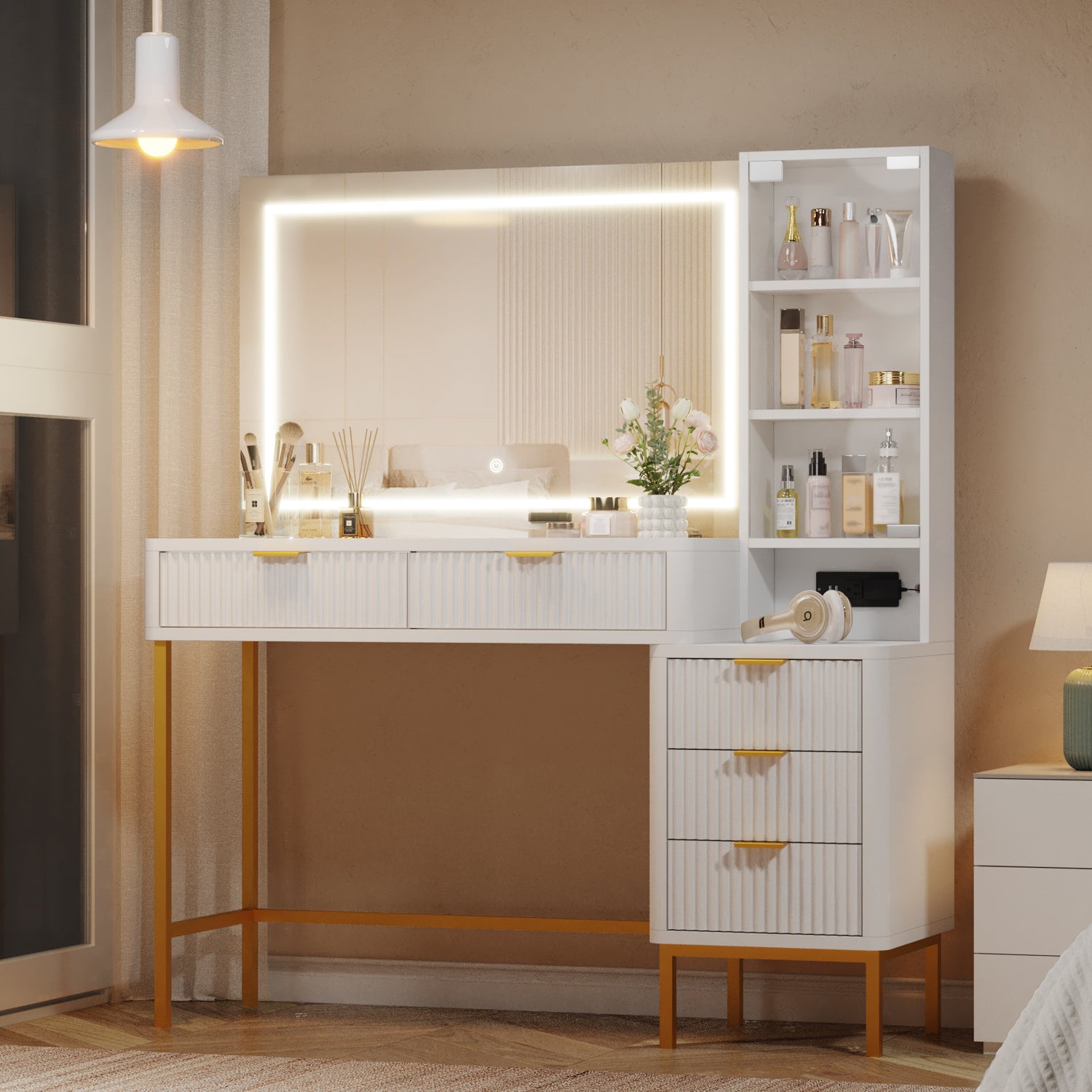 HOMREST Fluted Makeup Vanity Desk with Mirror, Lights,5 Drawers, 3 Storage Shelves and Charging Station, White Gold