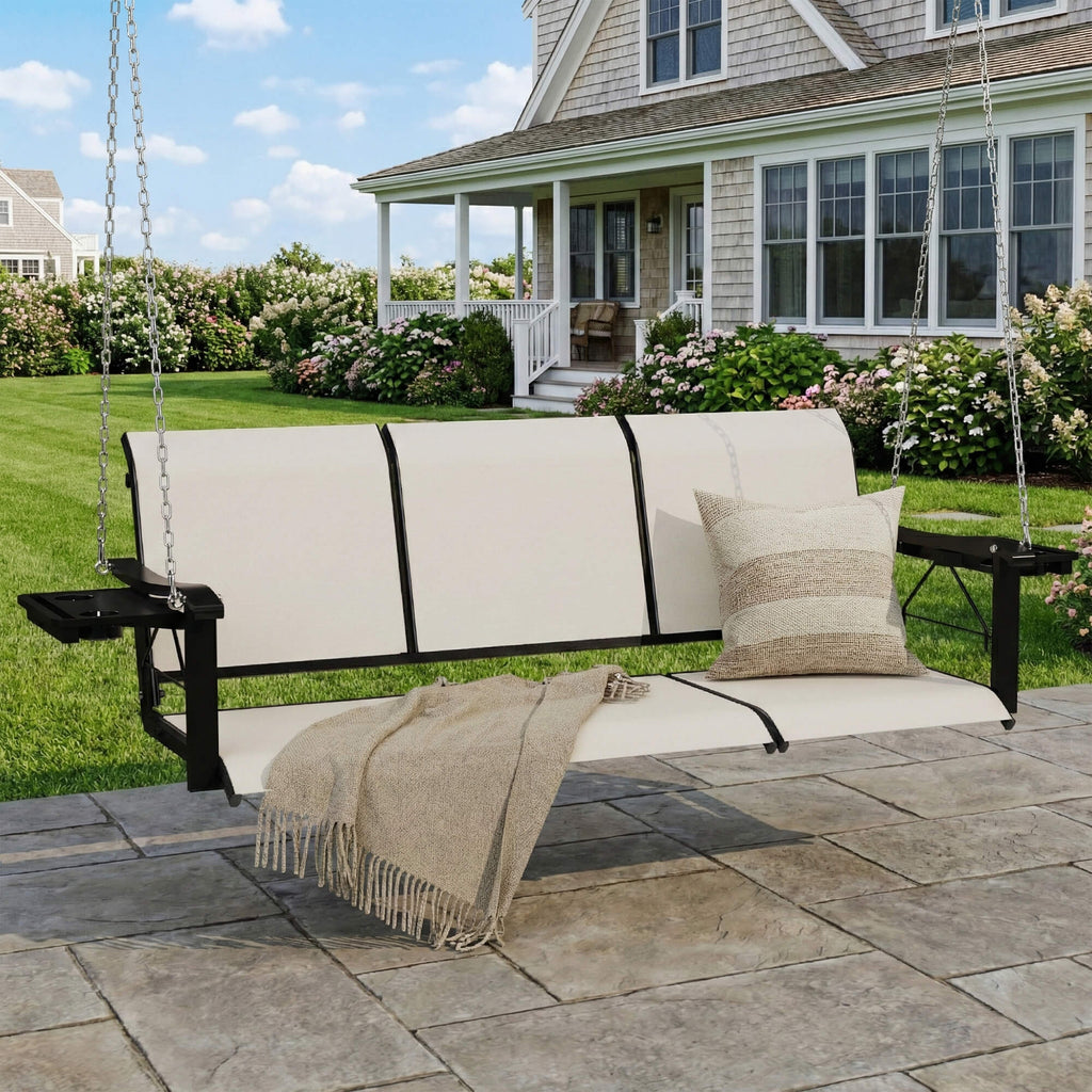 HOMREST Textilene 3 Seat Porch Swing with Cup Holder, 5.3FT Patio Hanging Swing Bench with with Hanging Chains, 700 LBS Capacity, Beige