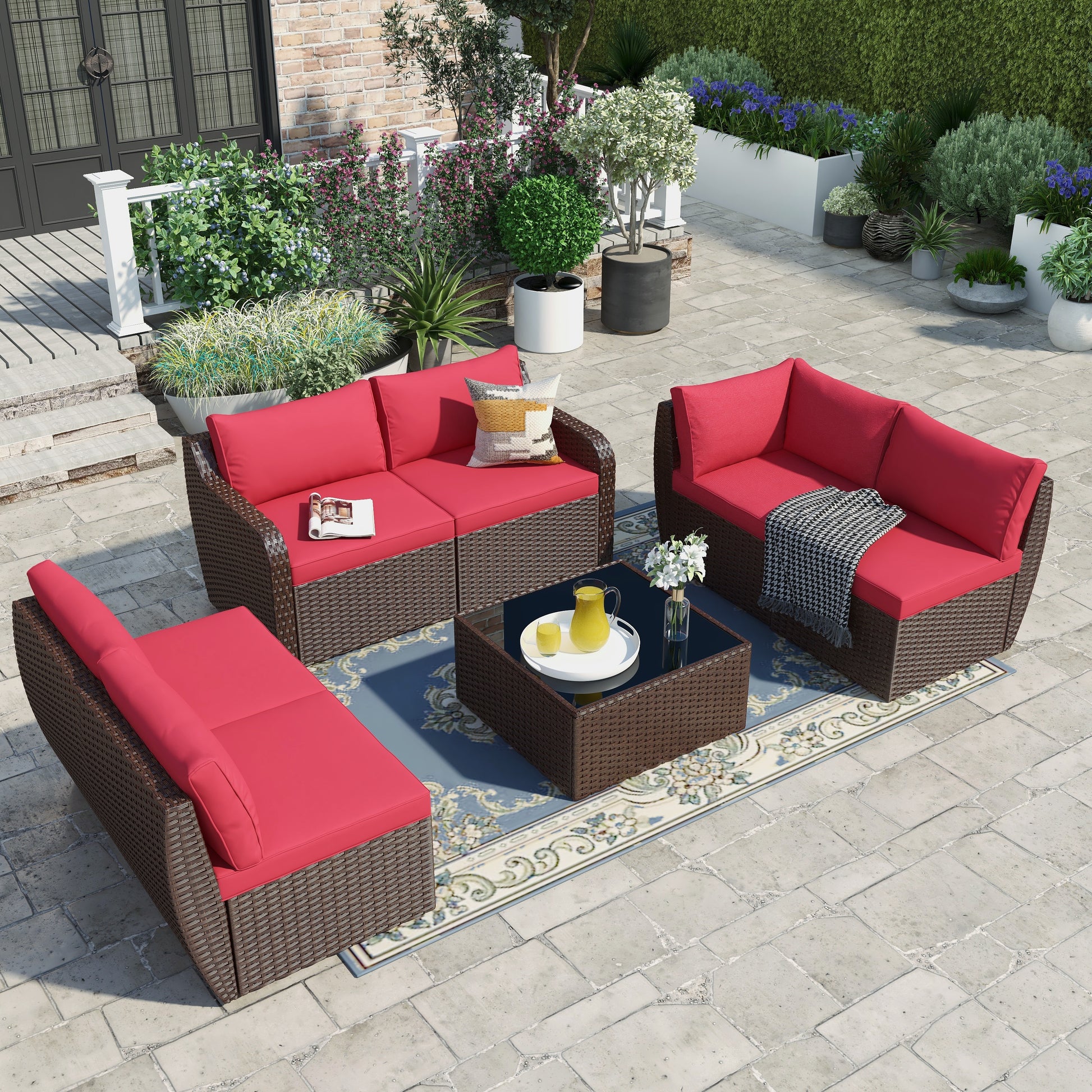 7 Pcs patio rattan sectional sofa set with ergonomic curved armrest, cushions and coffee table.