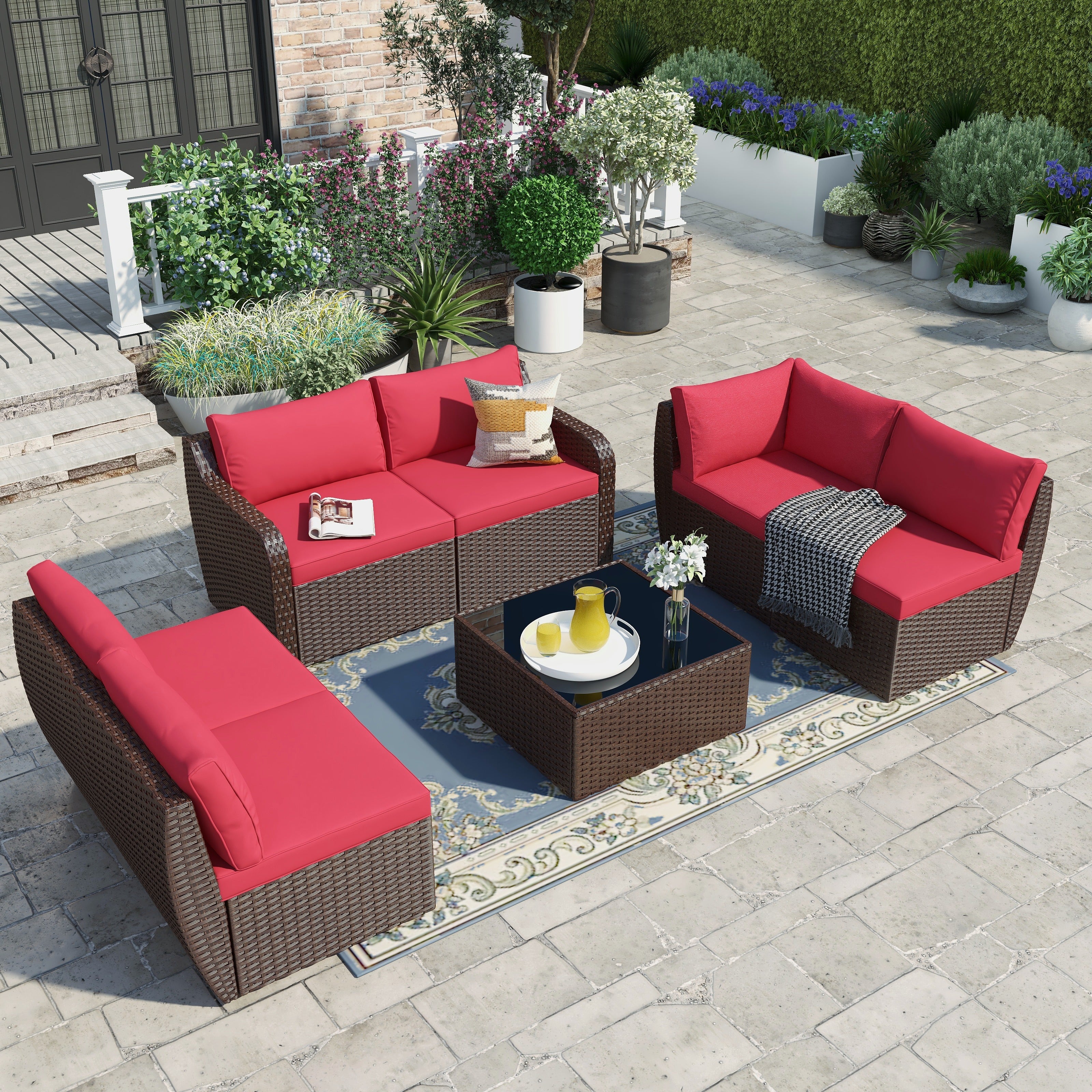 7 Pcs patio rattan sectional sofa set with ergonomic curved armrest, cushions and coffee table.