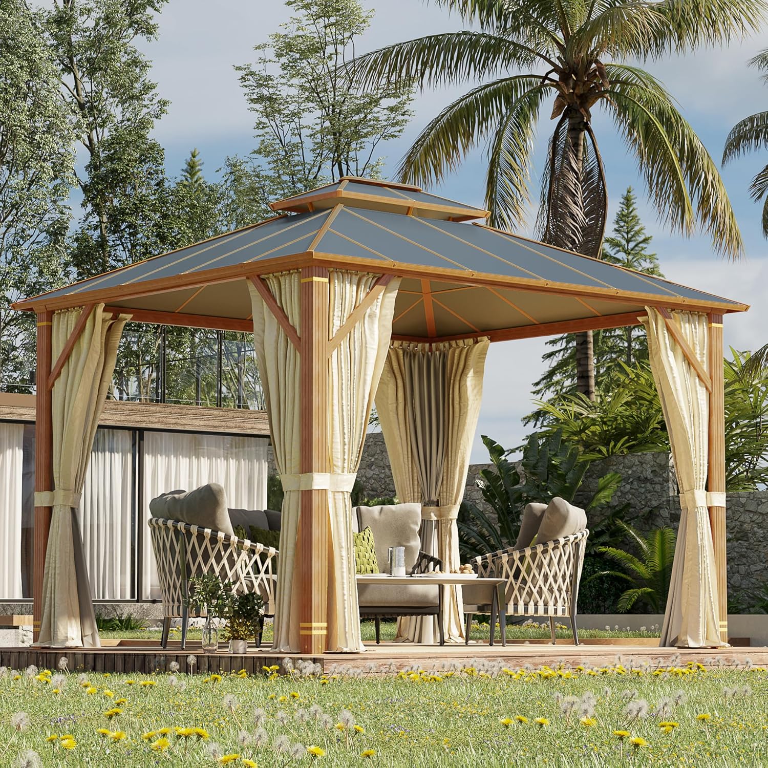 Homrest 10X12 Gazebo Outdoor Double Roof Aluminum Composite Canopy Aluminum Frame Pavilion with Curtains and Netting