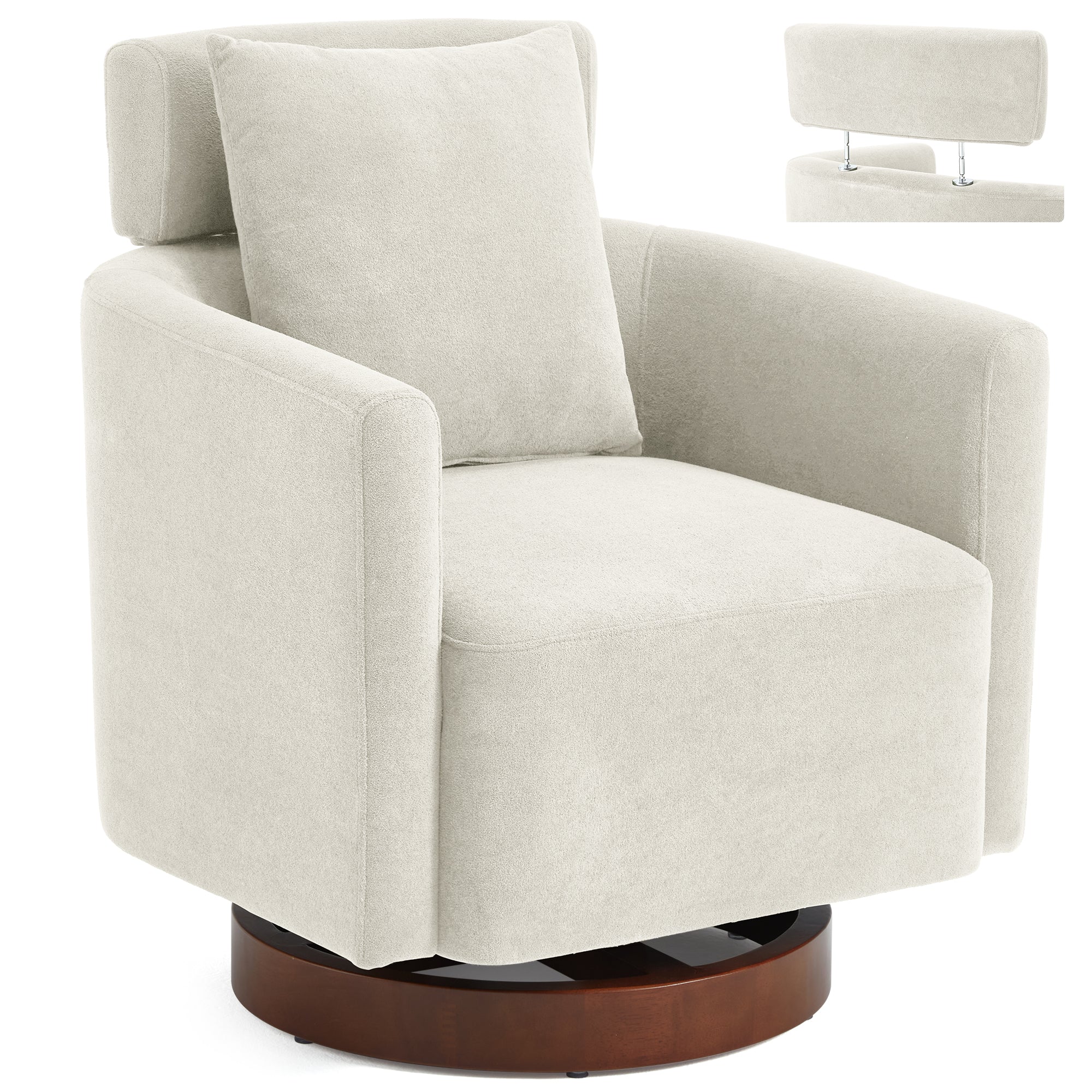 HOMREST Swivel Accent Chair, Ergonomic Adjustable Backrest Barrel Chair with 360° Rotation, Thick Velvet Cushion and Solid Wood Frame, Beige for Living Room, Bedroom, Office