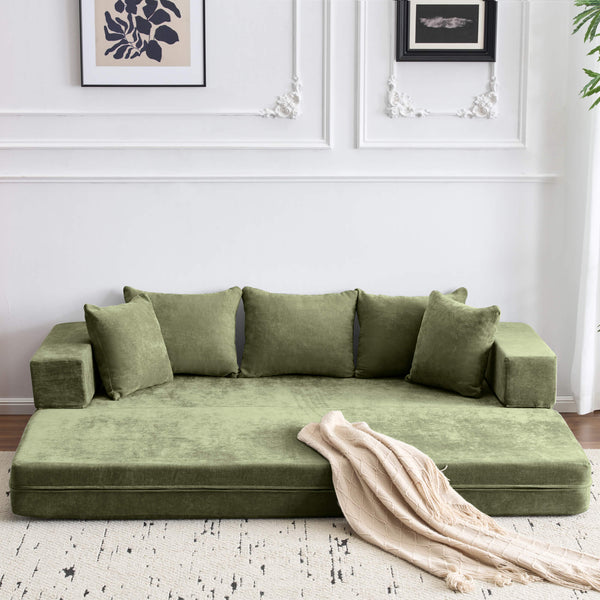 HOMREST 4-in-1 Folding Sofa Bed Queen, Chenille Sleeper Couch with Armrest & Pillows, Green