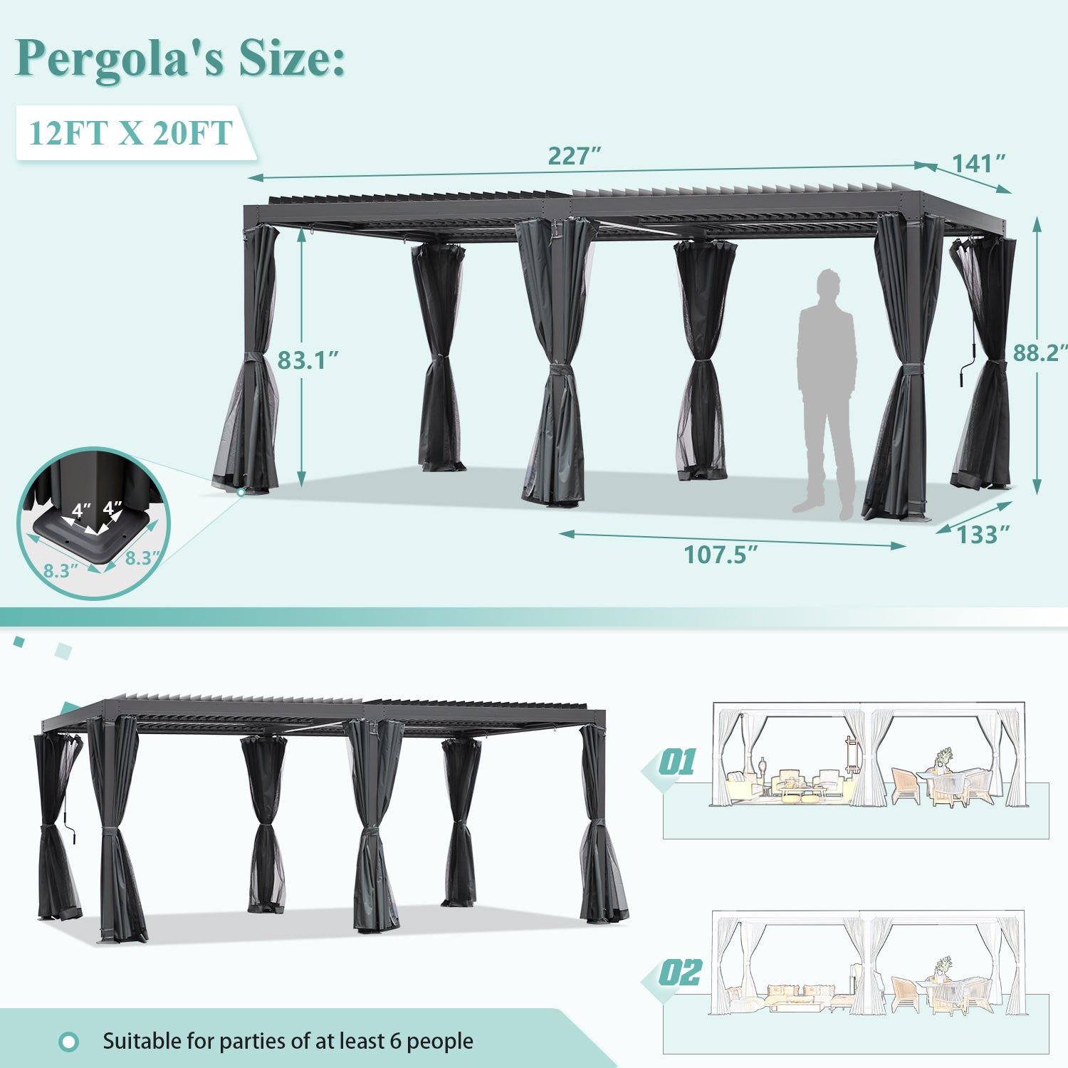 HOMREST Louvered Pergola 12x20 Outdoor Hard Top Pergola with Aluminum Frame, Gray-Black