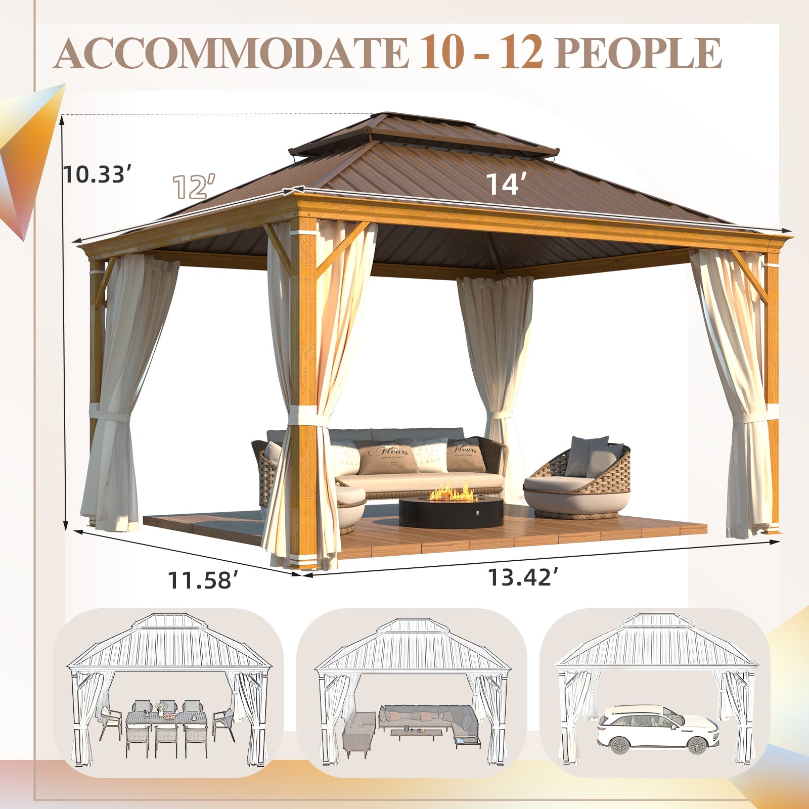Homrest 12' x 14' Hardtop Gazebo with Aluminum Frame, Wood-Grain