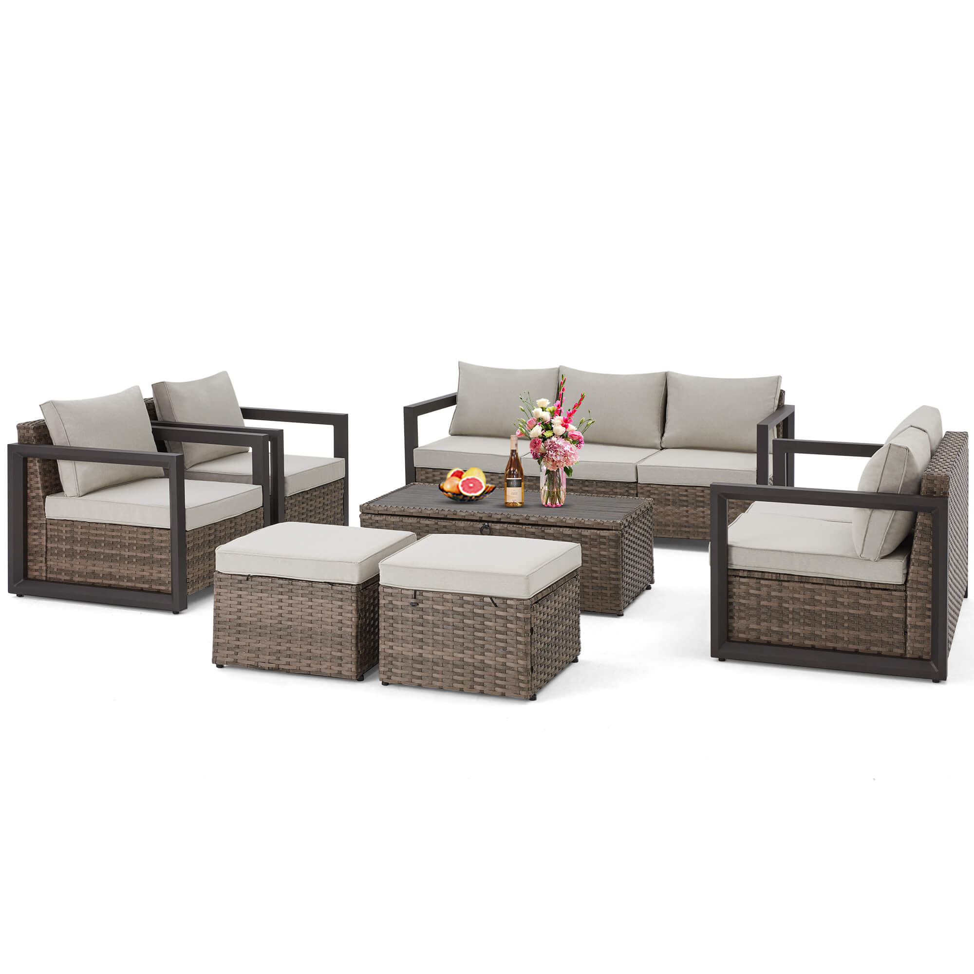HOMREST 7 Pieces Aluminum Patio Furniture Set, PE Rattan Sectional Sofa Set with Storage Table, Modern Patio Conversation Sets w/ 2 Ottomans, Beige