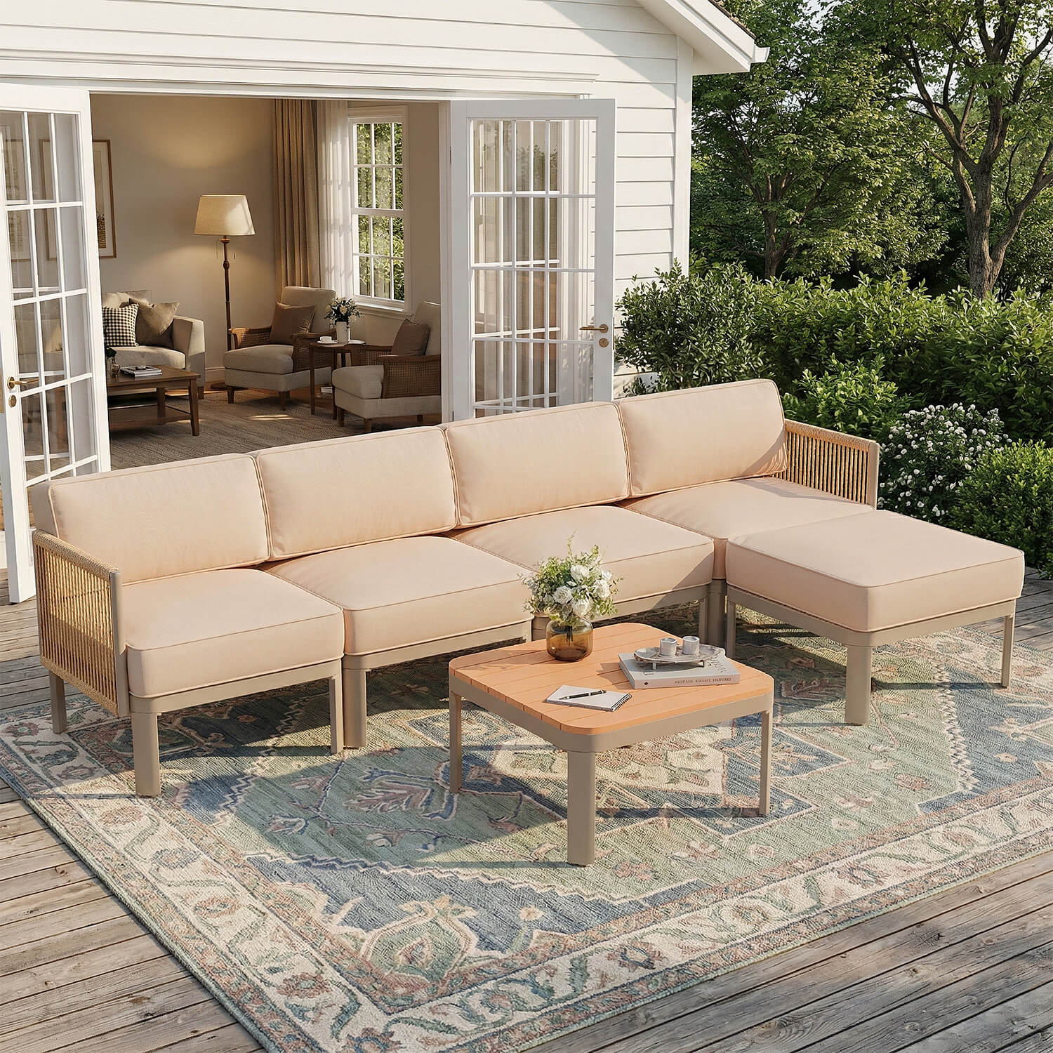 HOMREST 6-Piece Aluminum Outdoor Sectional Sofa Set with Ottoman, Cushions & Coffee Table, Beige