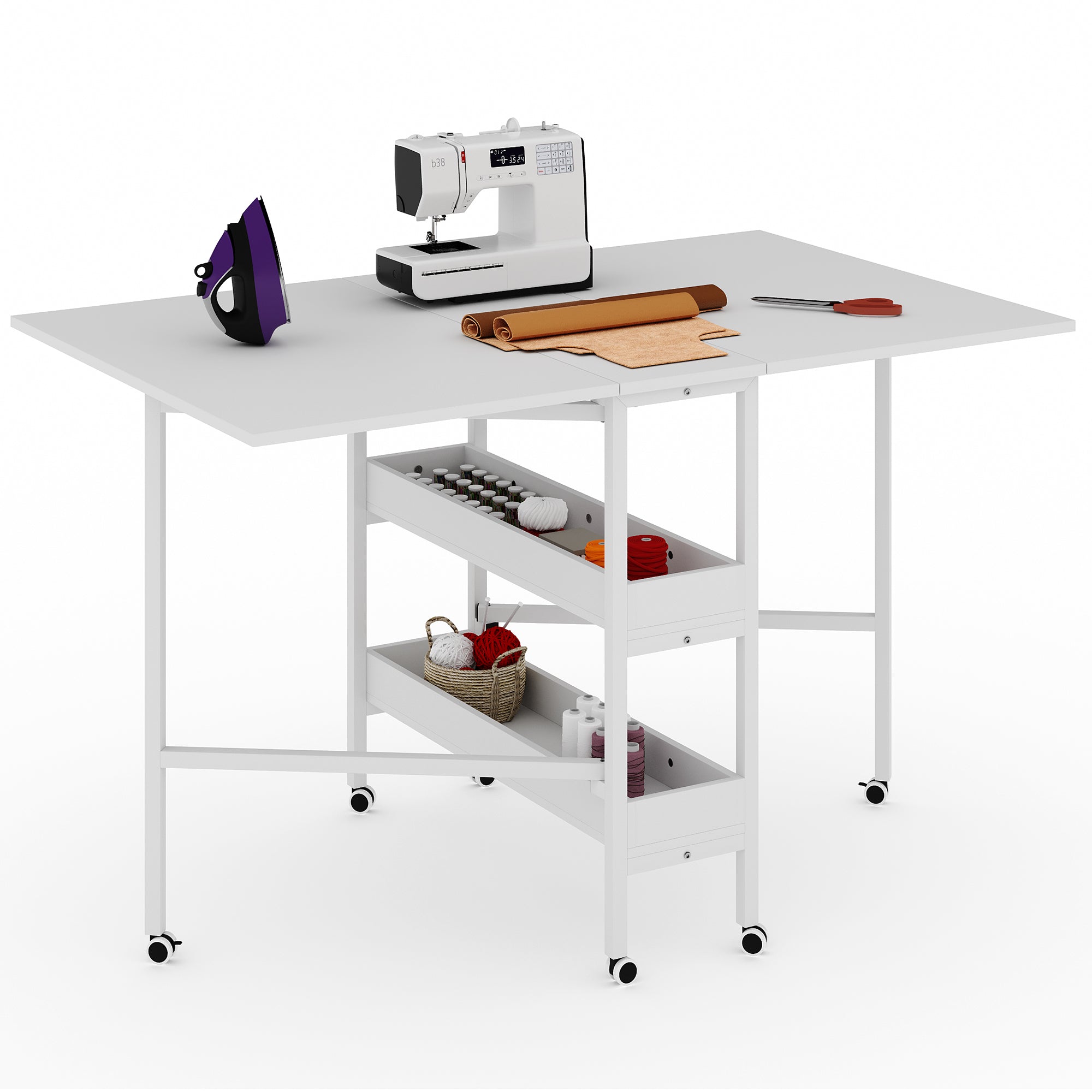HOMREST Home Hobby Sewing Table with Storage Shelves and Storage Bag, Mobile Folding Cutting Table for Large Fabric, Foldable Table for Home Office Sewing Room Craft Room, Fixed Height 36in