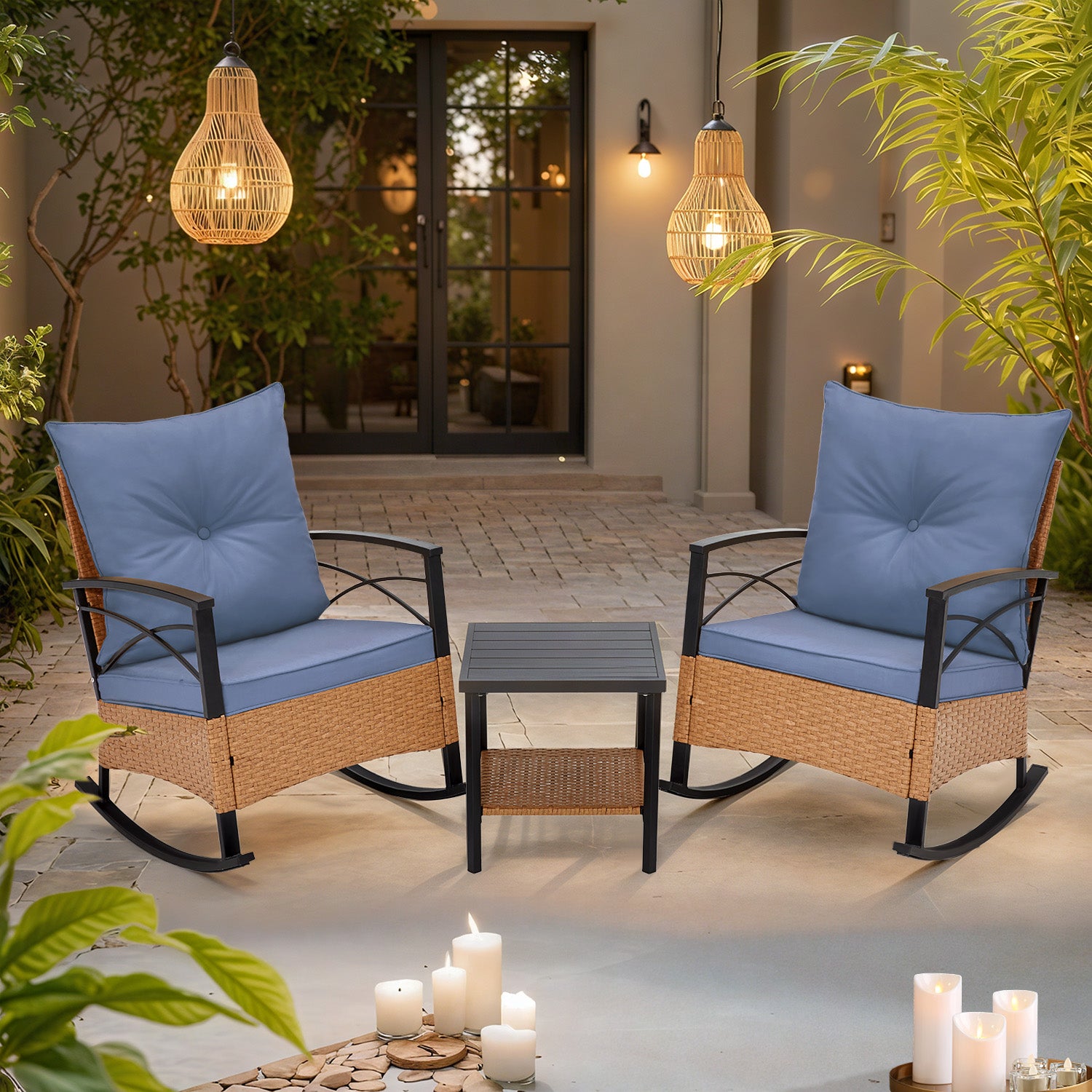 HOMREST 3-Piece Bistro Set: Outdoor Rattan Rocking Chairs with Cushions and Coffee Table