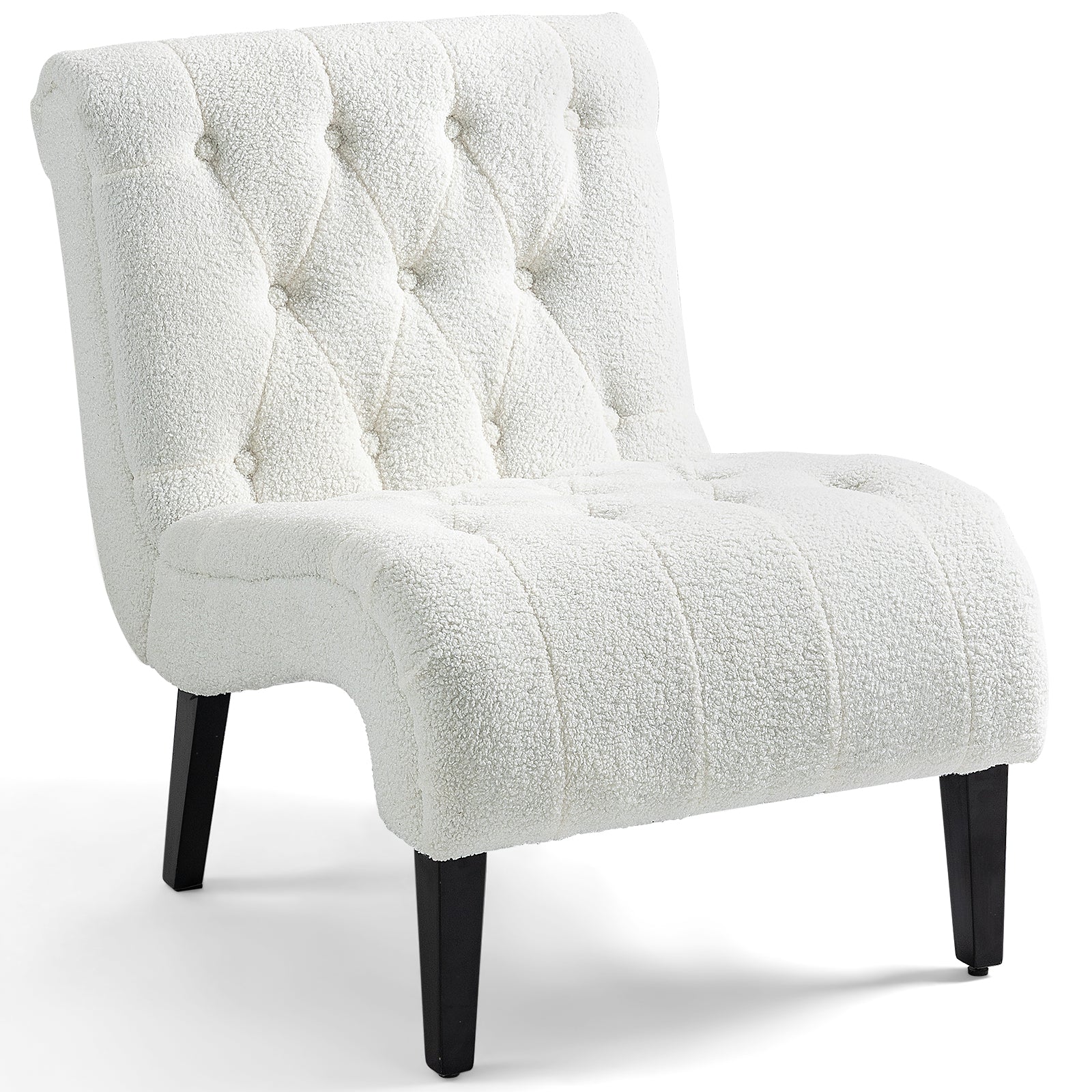 HOMREST Armless Accent Chair, Upholstered Button Tufted Living Room Chairs with Wood Legs, Comfy Frosted Velvet Lounge Chair Reading Chair for Bedroom, White
