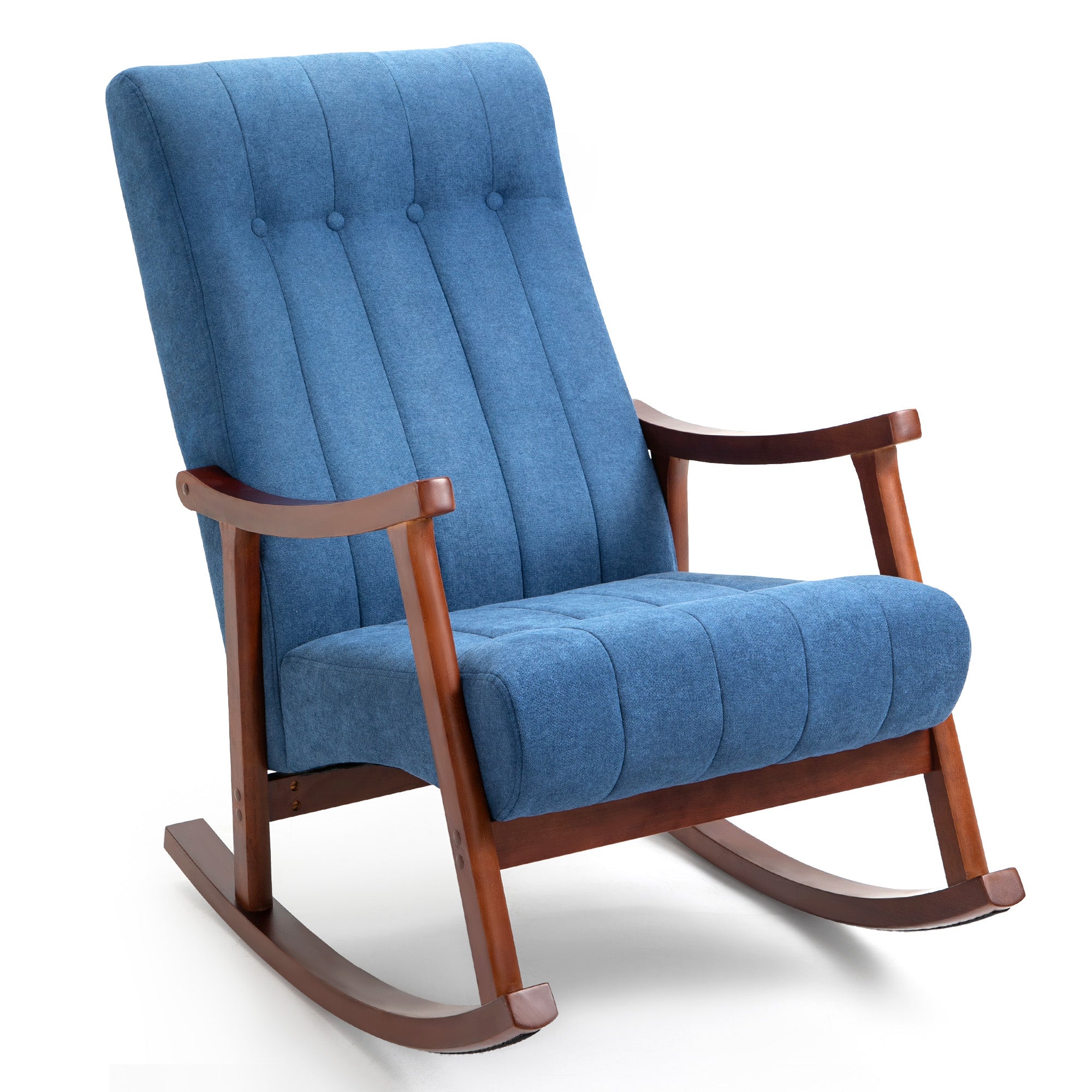 HOMREST Upholstered Rocking Chair with Fabric Padded Seat, Comfortable Rocker Solid Wood for Living Room, Modern High Back Armchair for Adult, (Blue)