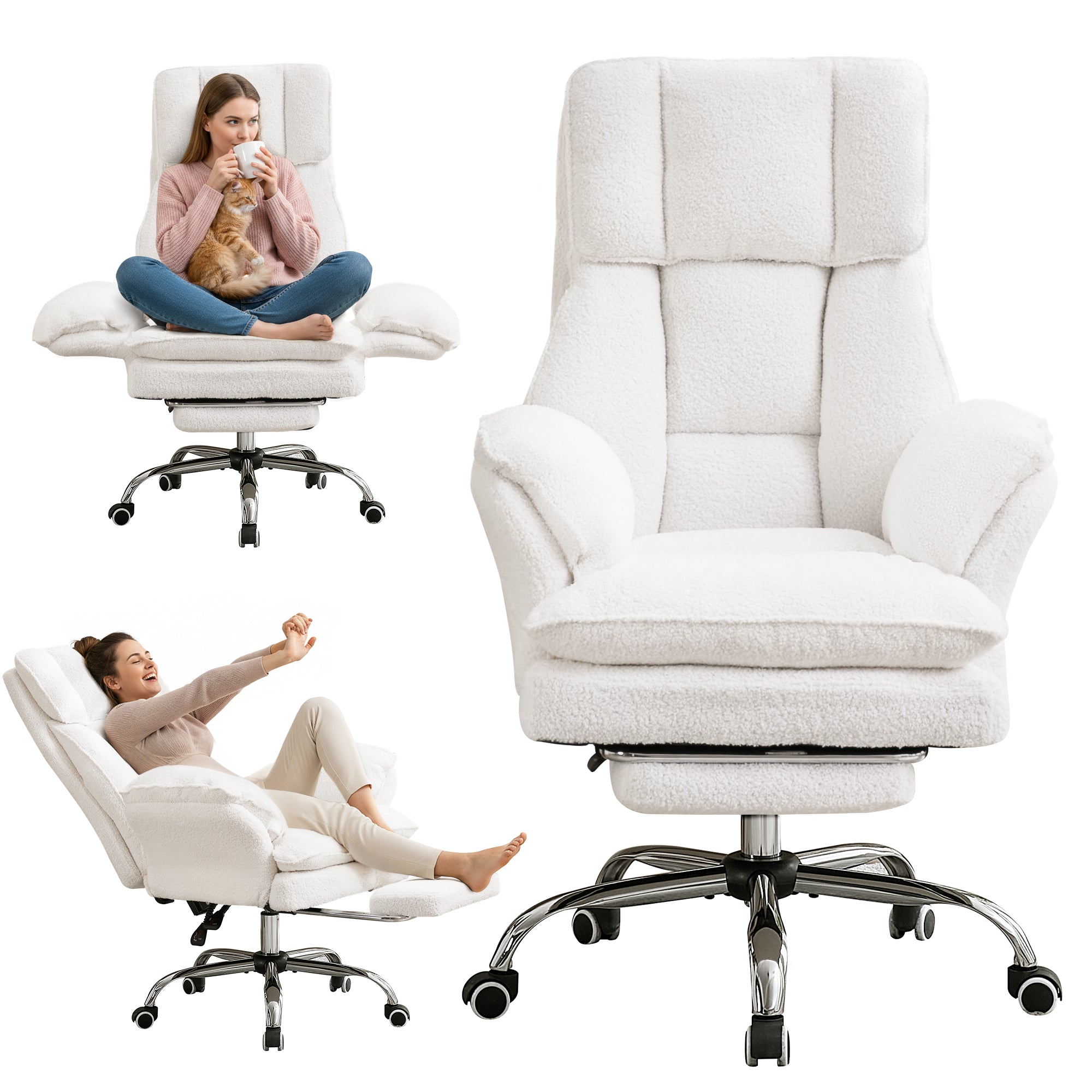 HOMREST Cloud Cross Legged Office Chair with Footrest,Leather Big and Tall Executive Ergonomic Chair,155° Reclining Computer Wide Desk Chair, White