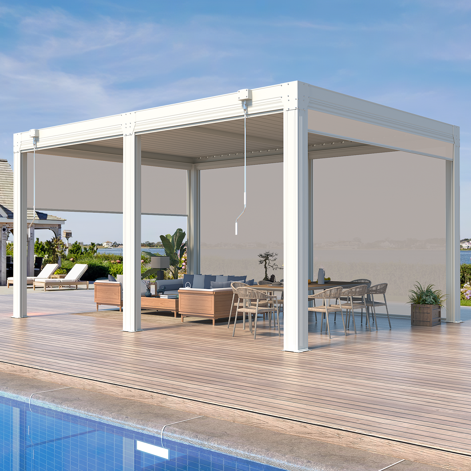 HOMREST 12x16ft Louvered Pergola with 6-Panel Pull-Down Screen, White