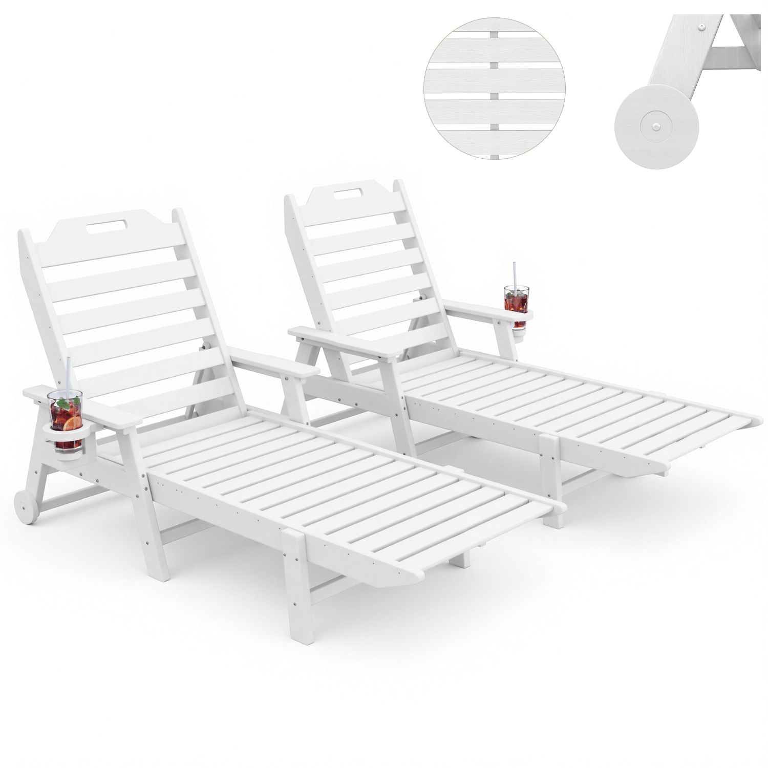 HOMREST 24" W Oversized Chaise Lounge Chairs Set of 2, Adjustable HDPE Outdoor Chairs with Wheels & Cup Holder, White