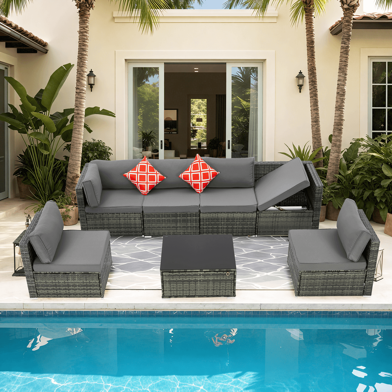 Homrest 7 Piece Outdoor Patio Furniture with Storage Table, Cushions and Pillows, Gray