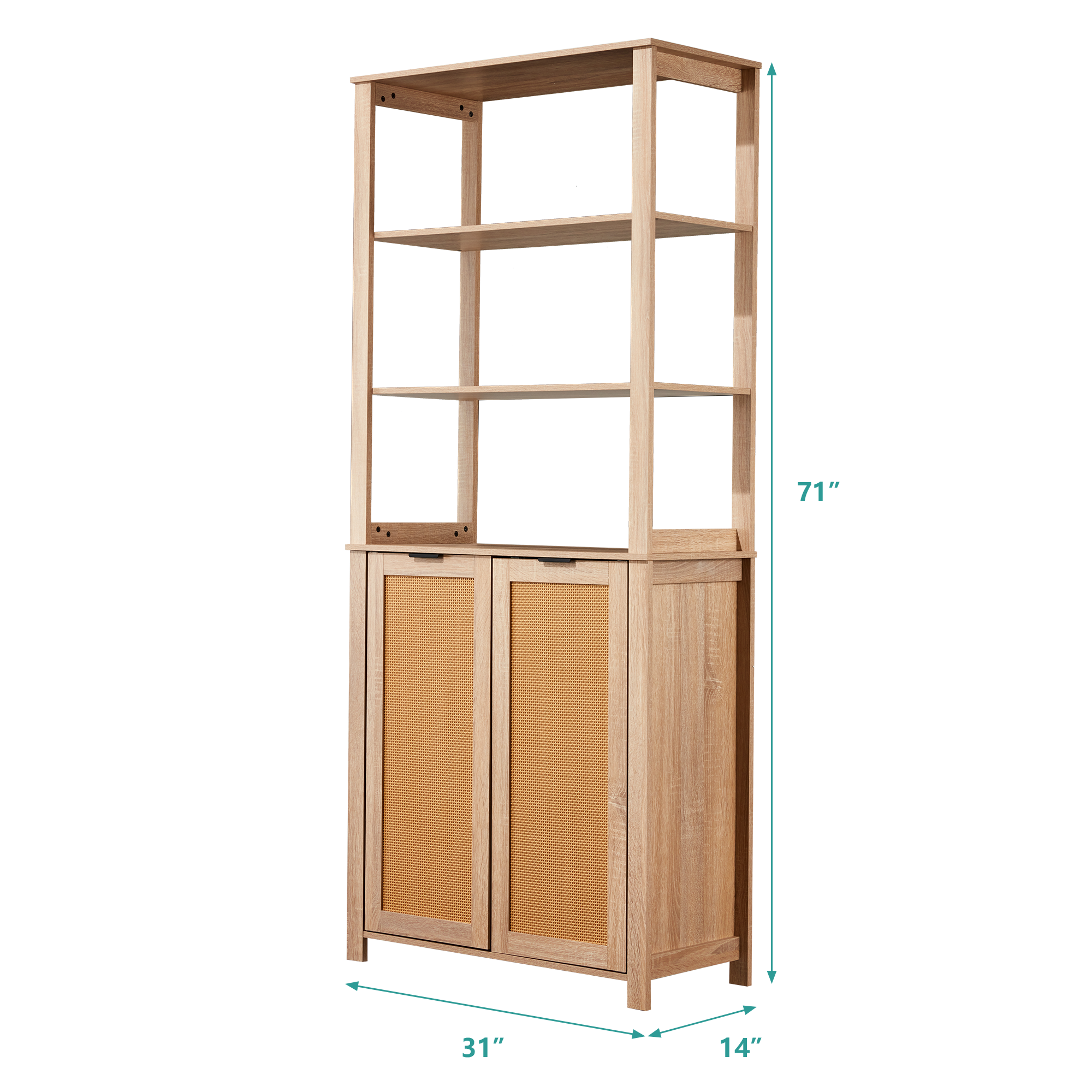 HOMREST Rattan Bookcase with cabinet, Heavy Duty Freestanding Bookcase With Storage Open Display, Beige