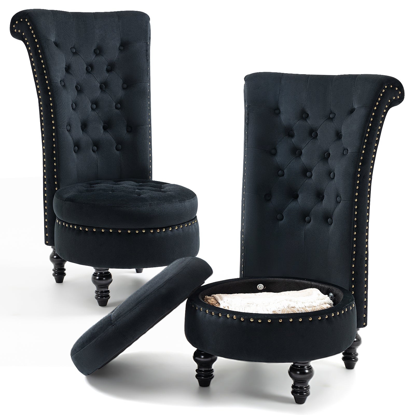 HOMREST High Back Throne Chair, Velvet Armless Royal Accent Chair w/Storage, Nailhead Trim & Rubberwood Legs for Living Room & Bedroom, Black