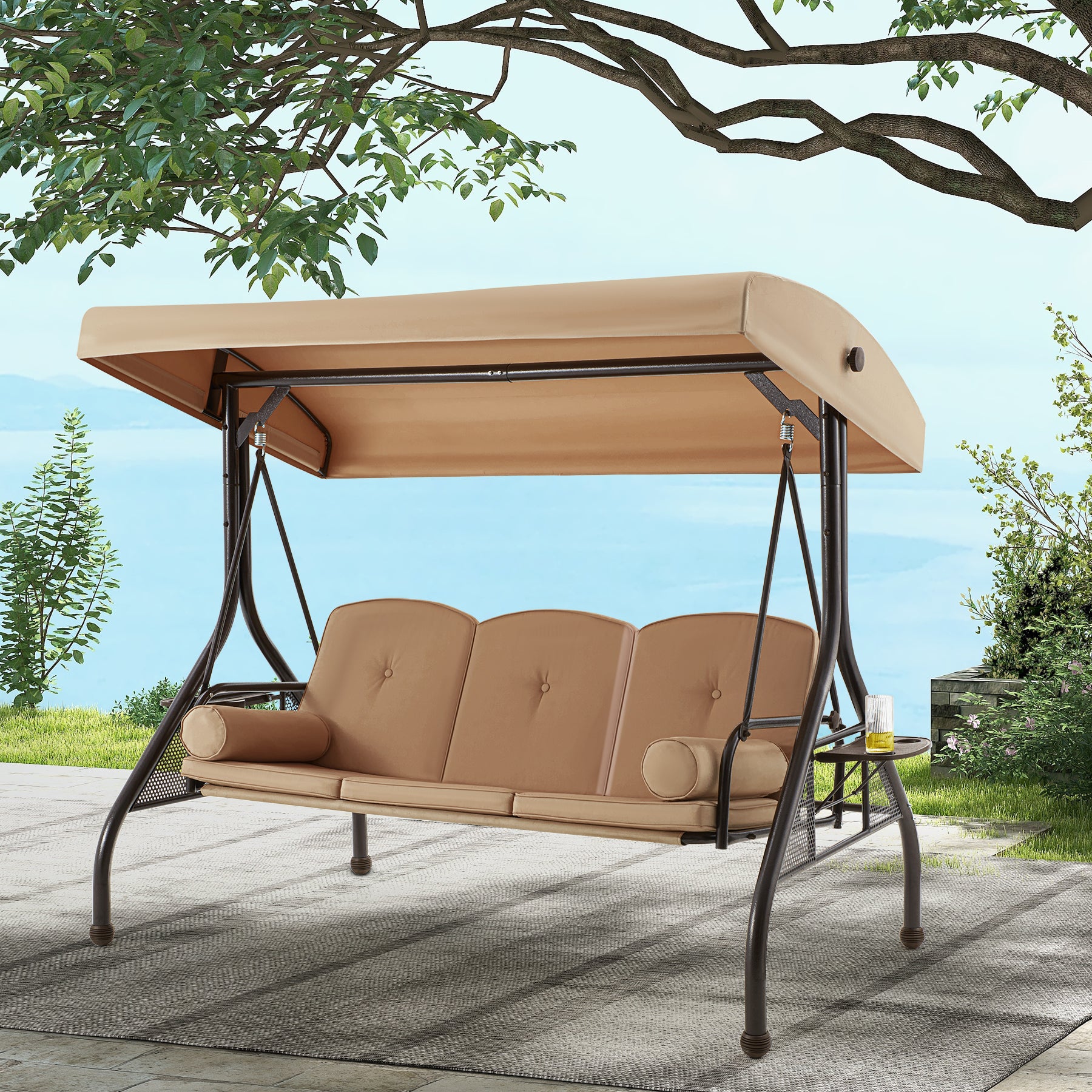 Homrest 3-Seat Outdoor Porch Swing with Adjustable Canopy and Backrest, Brown 