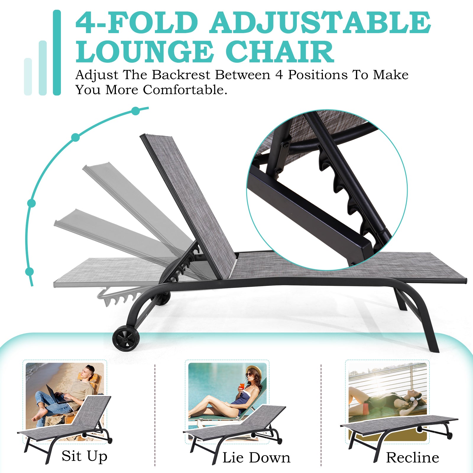 HOMREST  Oversized 26" W Patio Chaise Lounge Chair Set of 2 with Table, Adjustable Backrest & Wheels, Grey