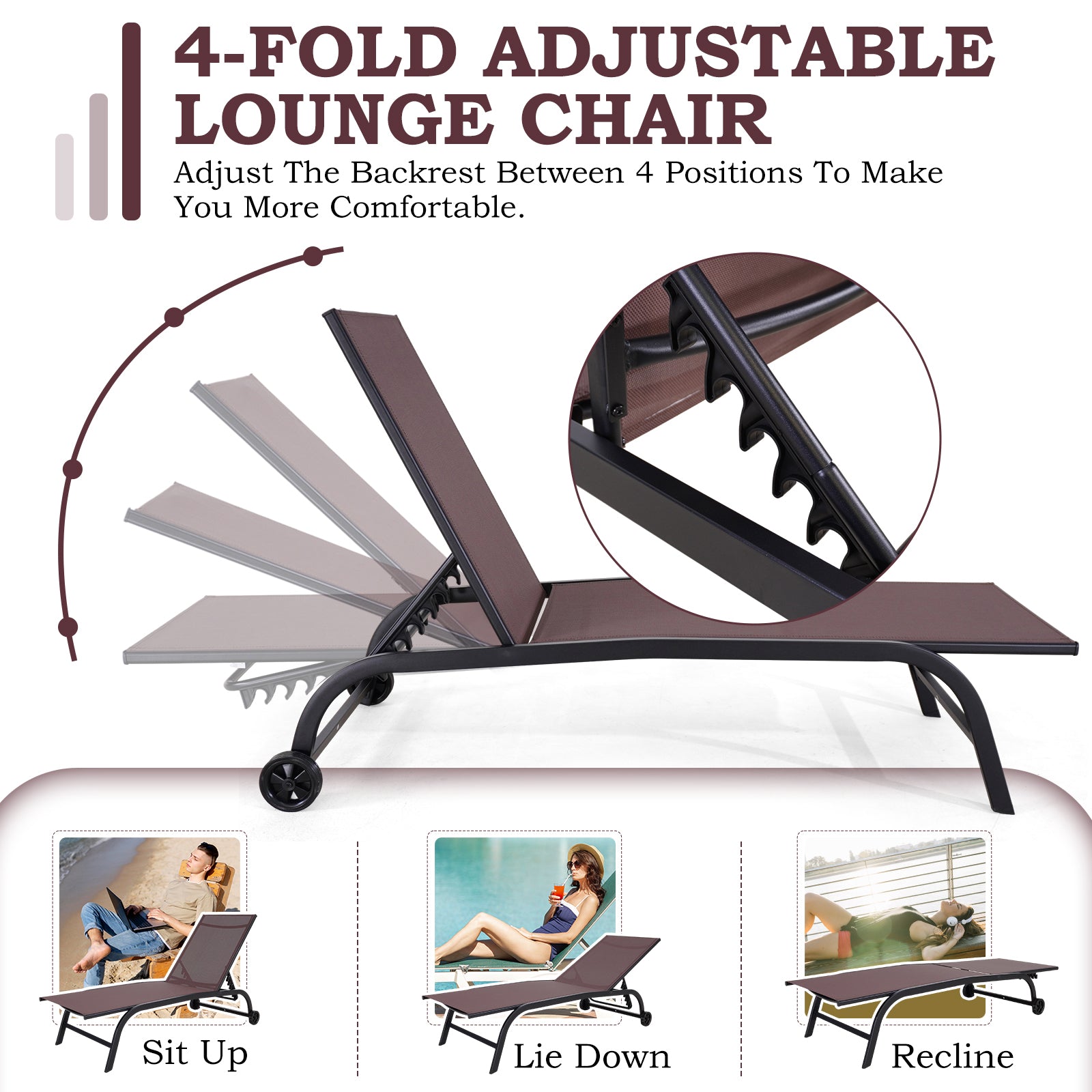 HOMREST  Oversized 26" W Patio Chaise Lounge Chair Set of 2 with Table, Adjustable Backrest & Wheels, Brown