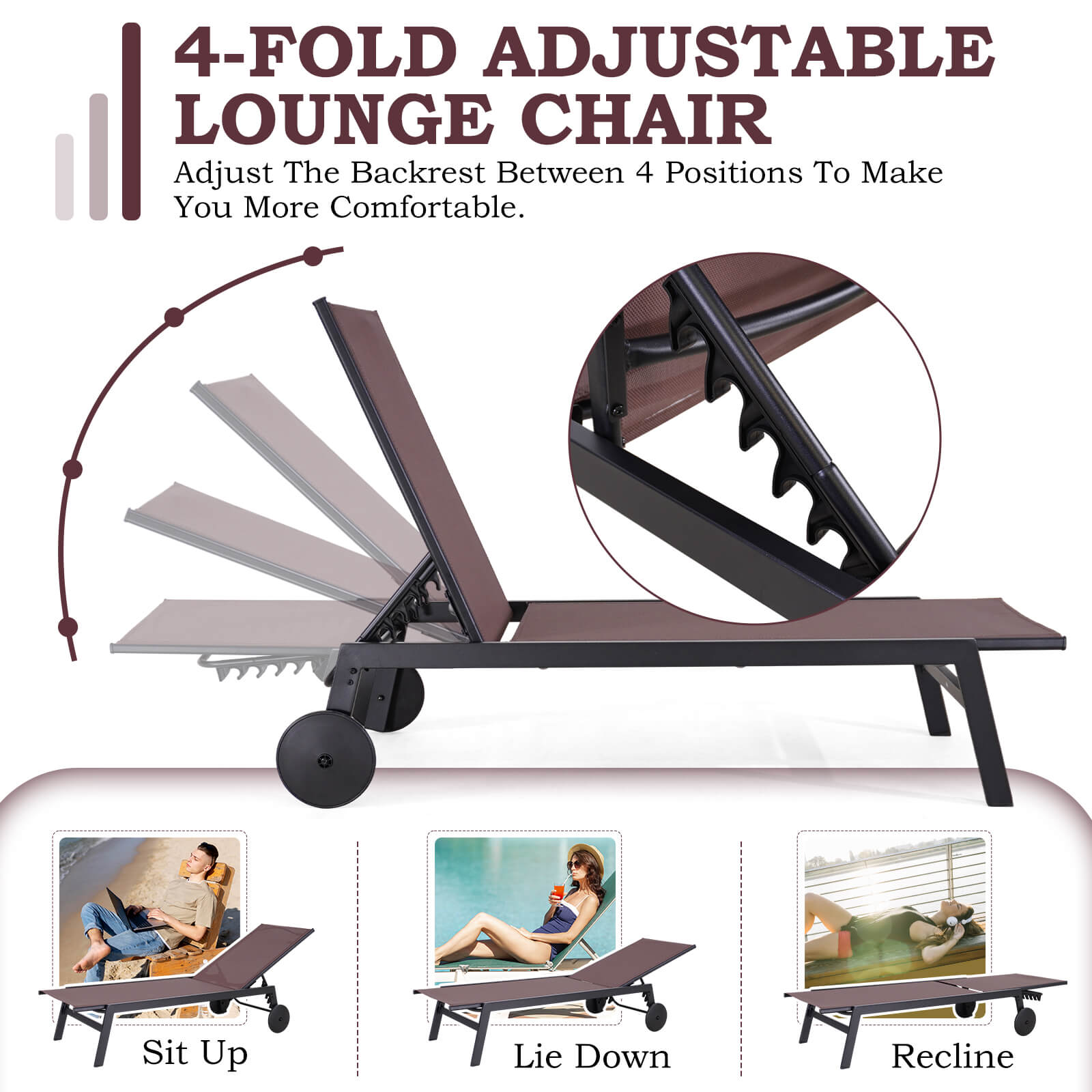 HOMREST 23 Inches Patio Chaise Lounge Chair Set of 2 with Table, Adjustable Backrest & Wheels, Brown