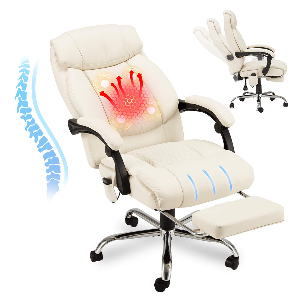 Executive Reclining Heated Massage Office Chair with Footrest Beige