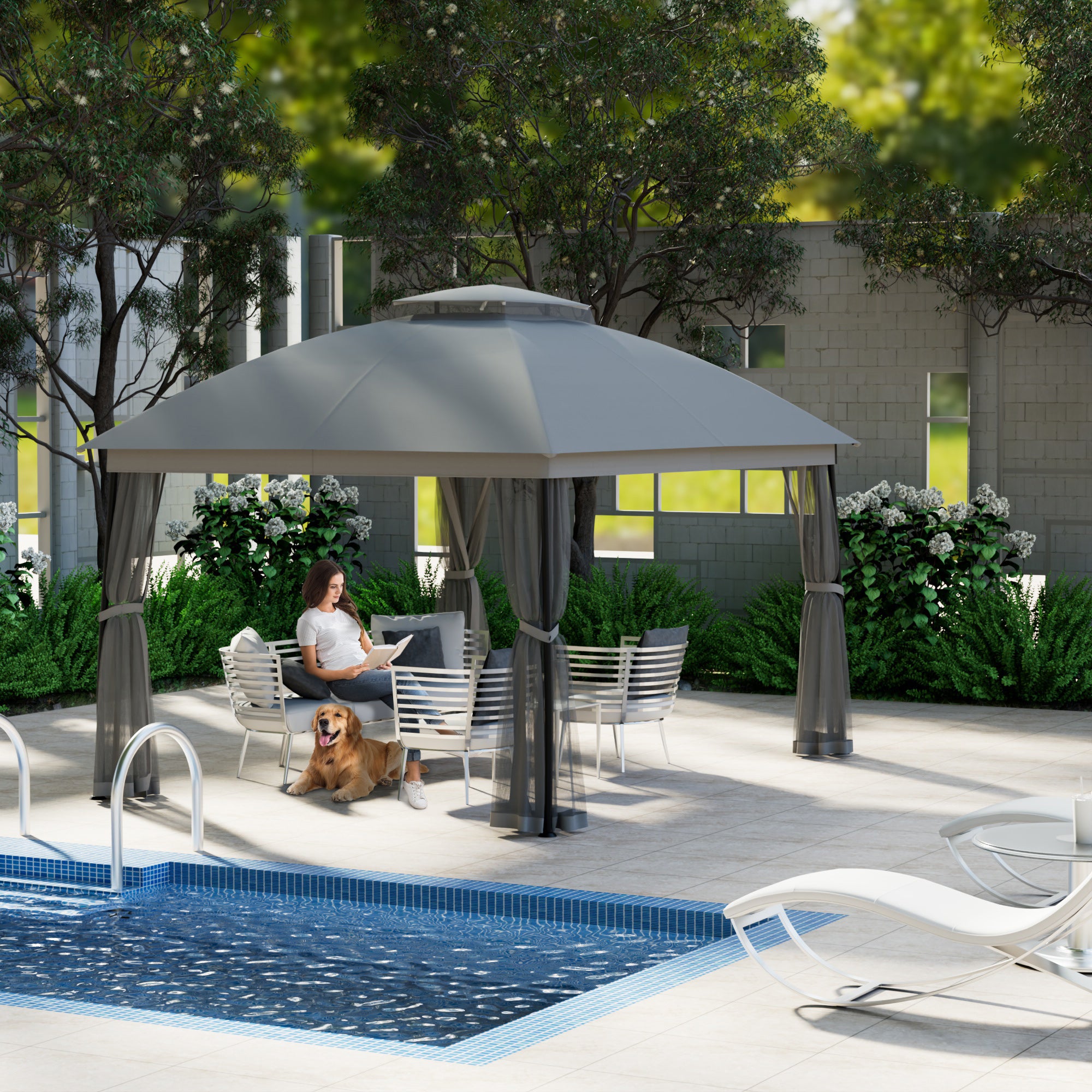 Outdoor Patio Gazebo 10'x13' with Double Curved Roofs, Heavy Duty Party Tent & Shelter, Mosquito Nettings and Privacy Screens patio canopy outdoor waterproof for Backyard, Garden, Lawn, Grey
