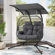 HOMREST Double Hanging Egg Chair with Stand, Wicker Loveseat Swing with Extra Cushion, Gray