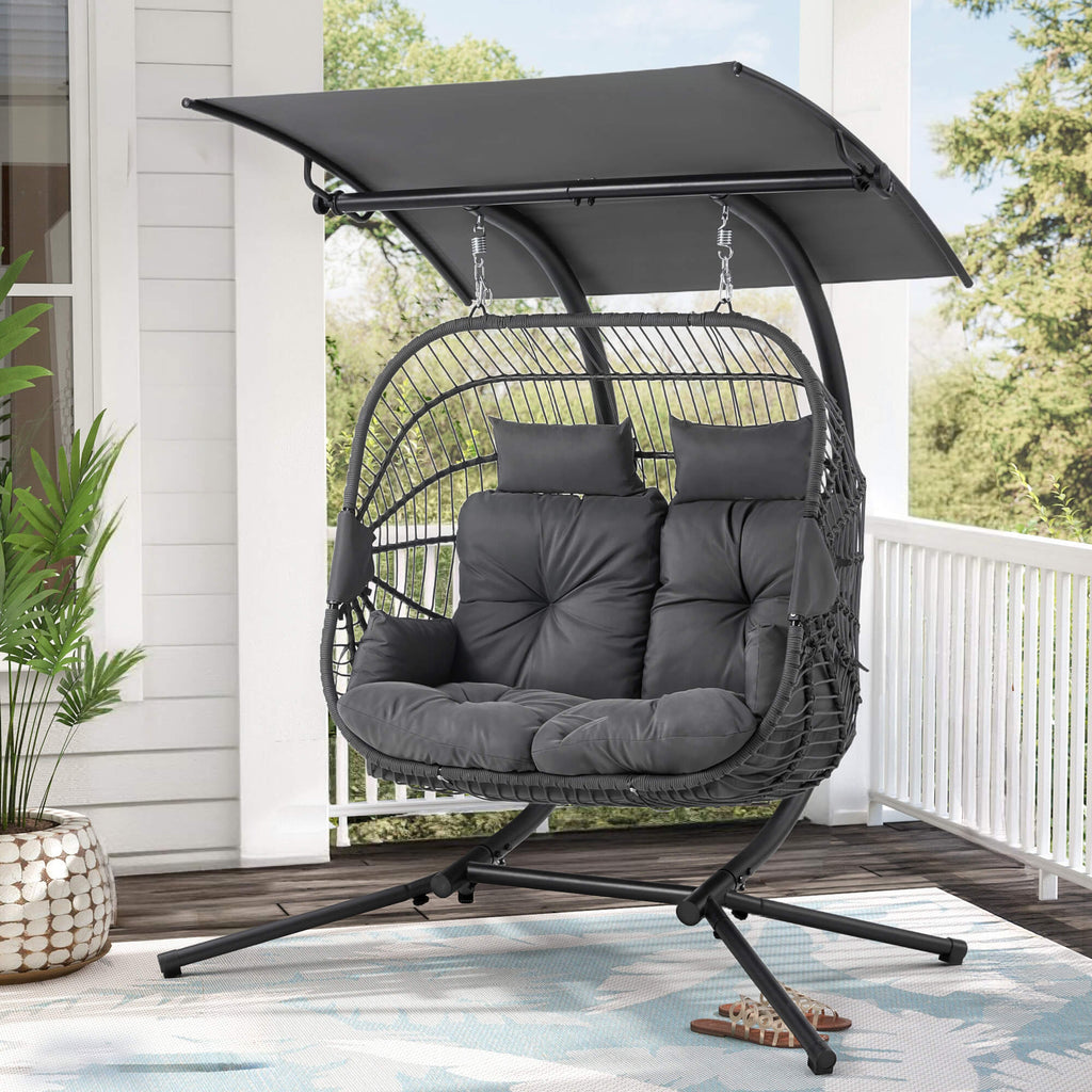HOMREST Double Hanging Egg Chair with Stand, Wicker Loveseat Swing with Extra Cushion, Gray