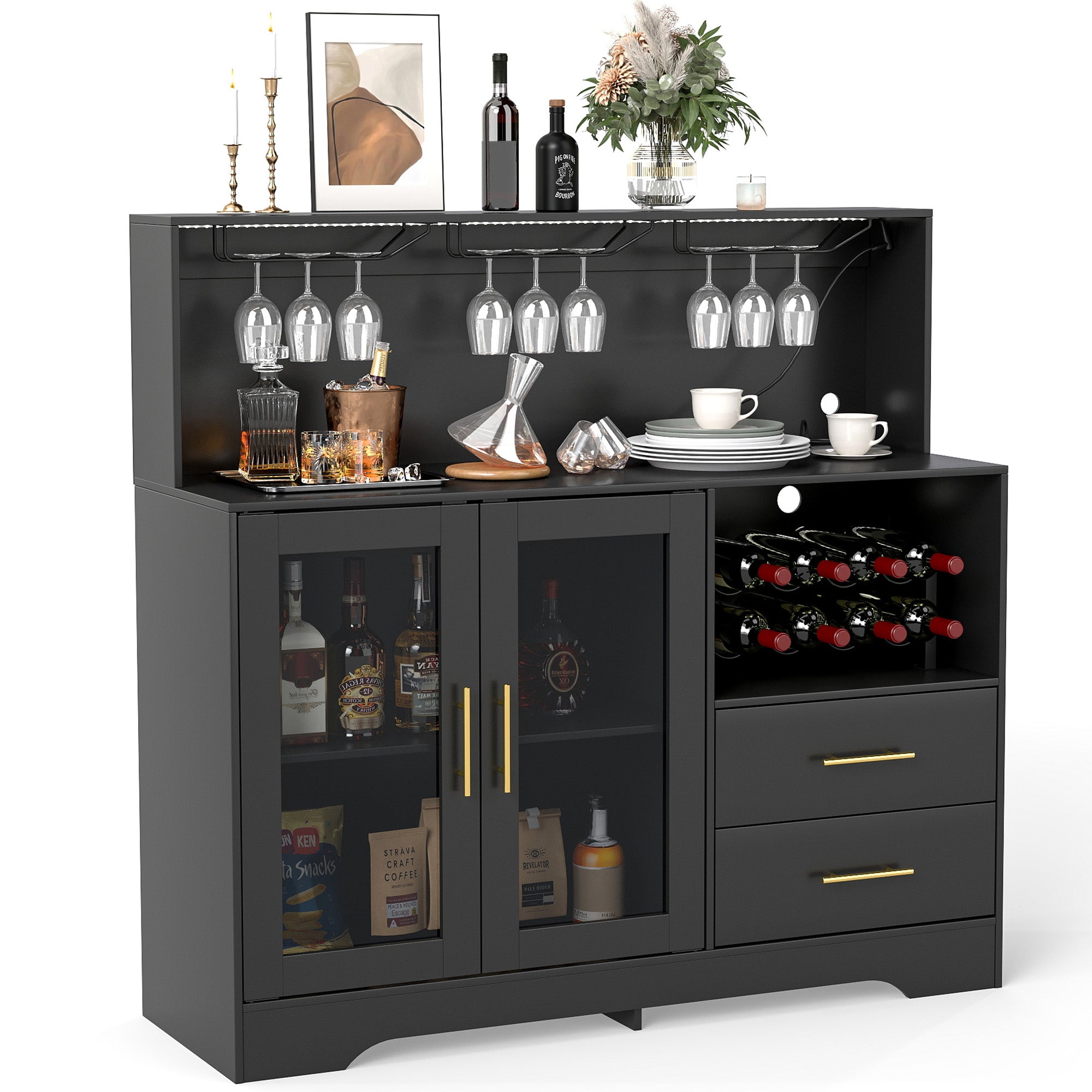 HOMREST Modern Wine Bar Cabinet With Led Lights, Coffee Bar With Wine Racks And Glass Holder, Charging Station,  Black