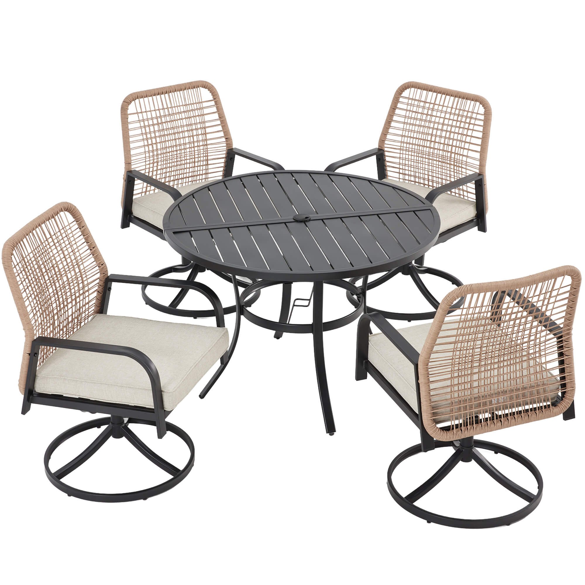 HOMREST 5-Piece Outdoor Dining Set, 4 Swivel Rattan Chairs with Thick Removable Cushions, Round Dining Table with Umbrella Hole