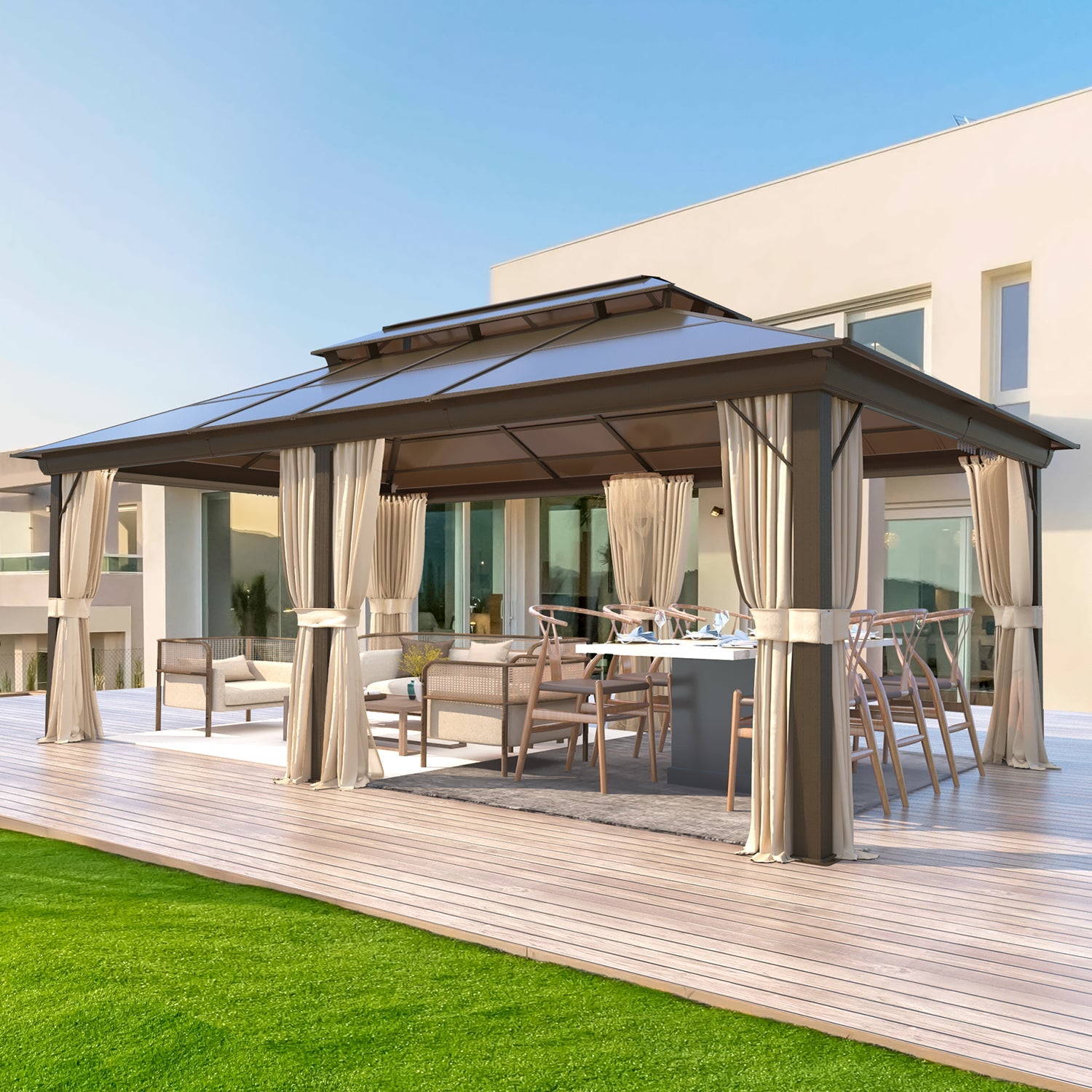 Homrest 12'x20' Hardtop Gazebo, Outdoor Polycarbonate Double Roof Canopy, Aluminum Frame Permanent Pavilion
